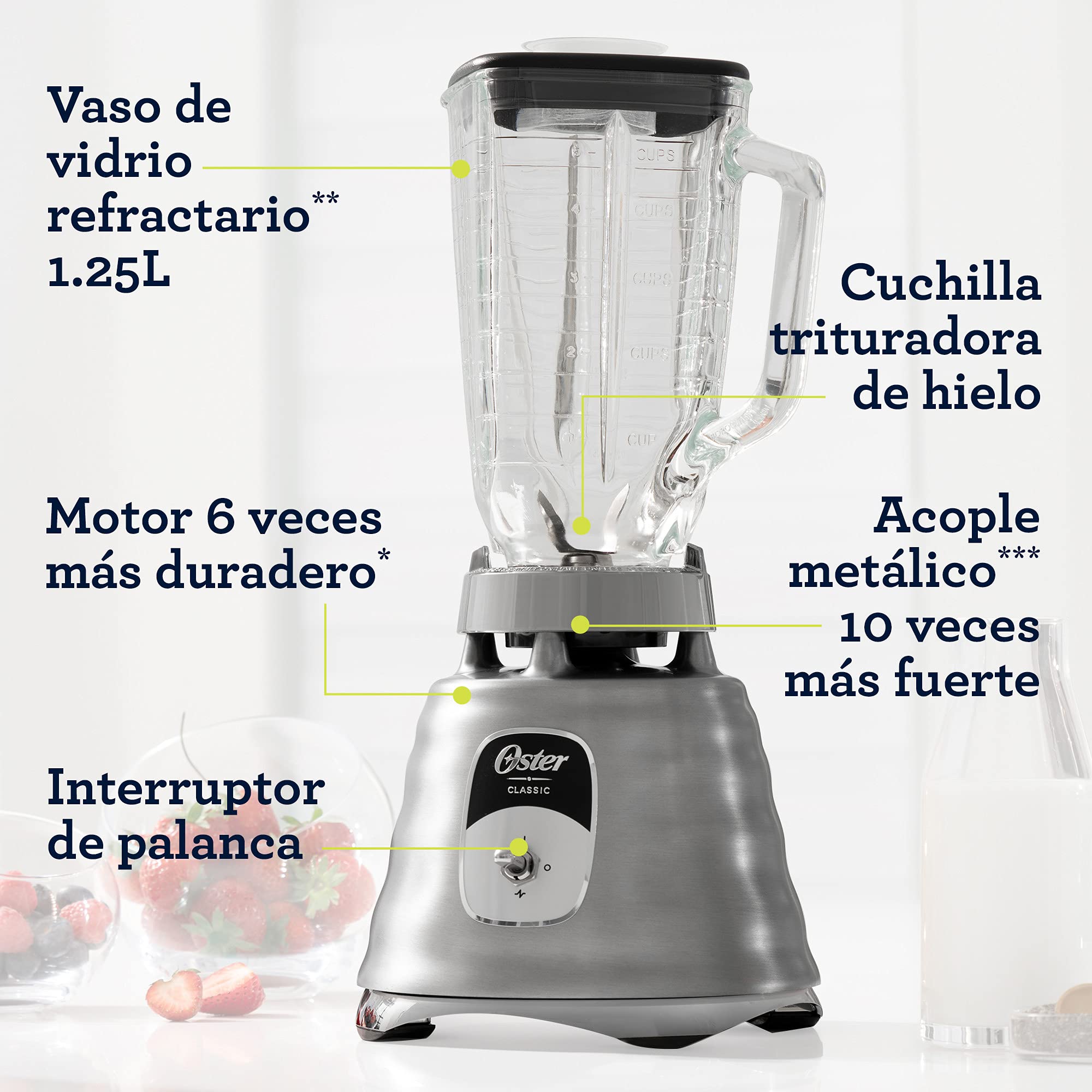Oster® Licuadora clásica cromada 2 velocidades vaso de vidrio BLST4127013