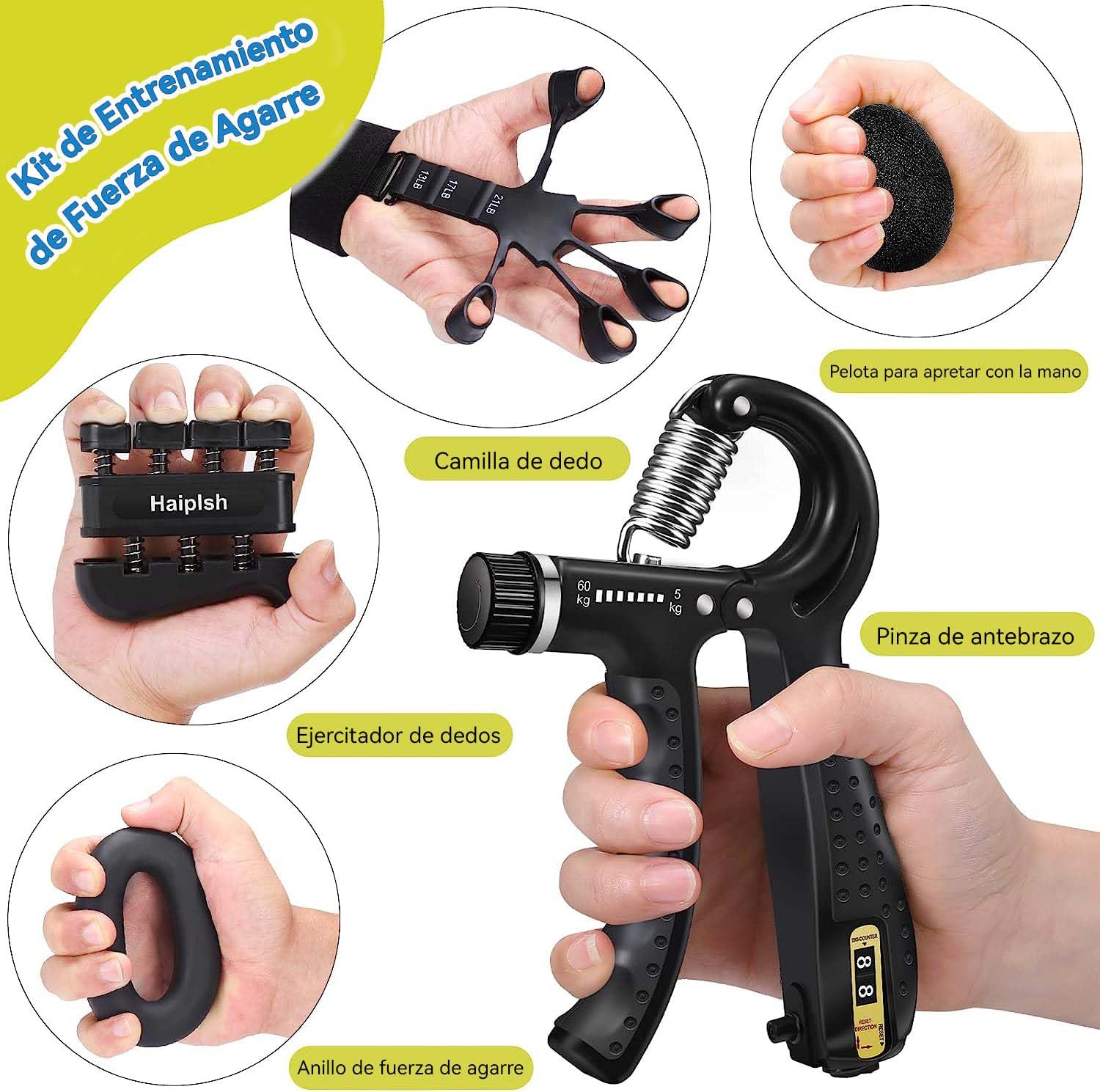 Fortalecedor de Agarre, 5 en 1 Ejercitador de Mano con Fortalecedor de Agarre de Mano,Pelota Antiestrés y Anillo de Entrenamiento de Antebrazo Para la recuperación y el fortalecimiento de las articulaciones de los dedos (Pack de 5)