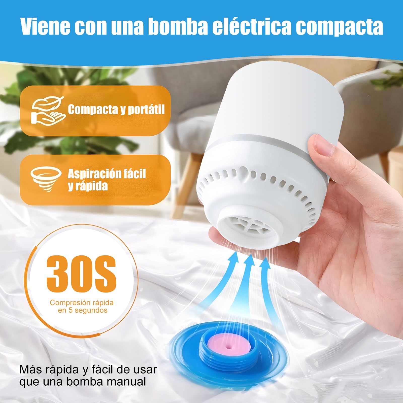 8 PCS Bolsas al Vacio Ropa,con Bomba Eléctrica,Gran Capacidad,Reutilizables,Viajepara Guardar Ropa,Bolsas de Compresión para Viaje,Almohadas,Edredones(PE+PA）