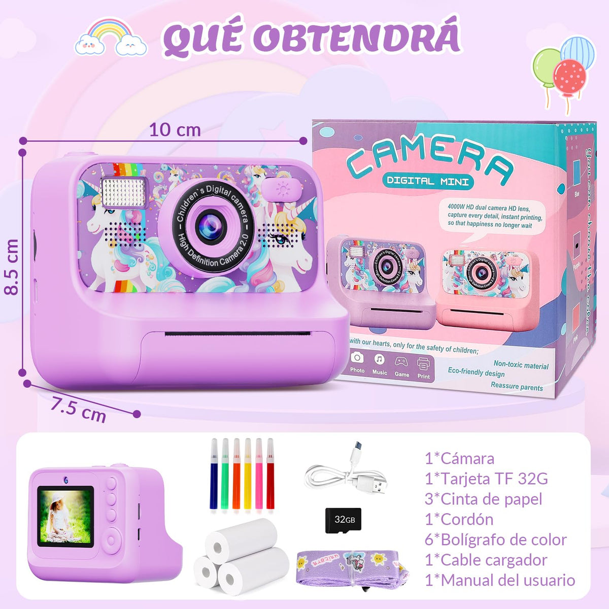 SlowTon Cámara Instantánea para Niños de Impresión, Cámara Digital Infantil Instanea Sopotar Selfie Vídeo, 2.4'' 1080P HD Cámara Infantil con Tarjeta de 32GB y Flash, Regalo para Niños de 3 a 12 Años