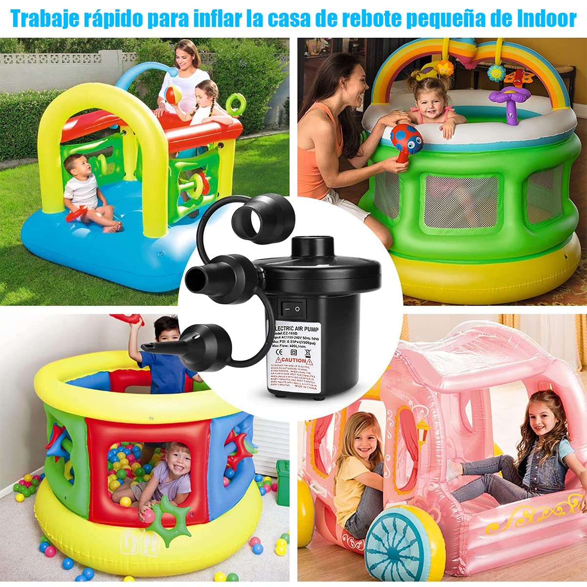AXIDUN Bomba de Aire Eléctrica, Bomba de Aire Portátil de Llenado Rápido con 3 Boquillas, para Bolsas al Vacío, Colchón Hinchable, Juguetes Hinchable, Viaje a Familia,Camping