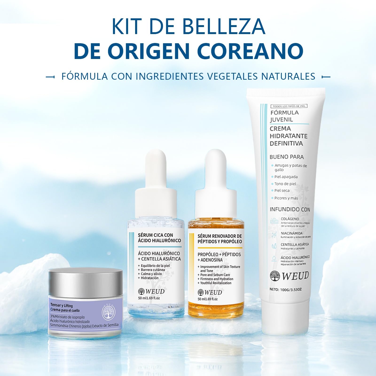 WEUD Skin Care Coreano 4 En 1 Kit, con 1 Crema Hidratante Niacinamida + 1 Crema para Cuello + 1 Serum Centella Asiatica + 1 Serum Péptidos Propóleo, Hidrata, Ilumina, Reduce Líneas Finas y Marcas de Acné