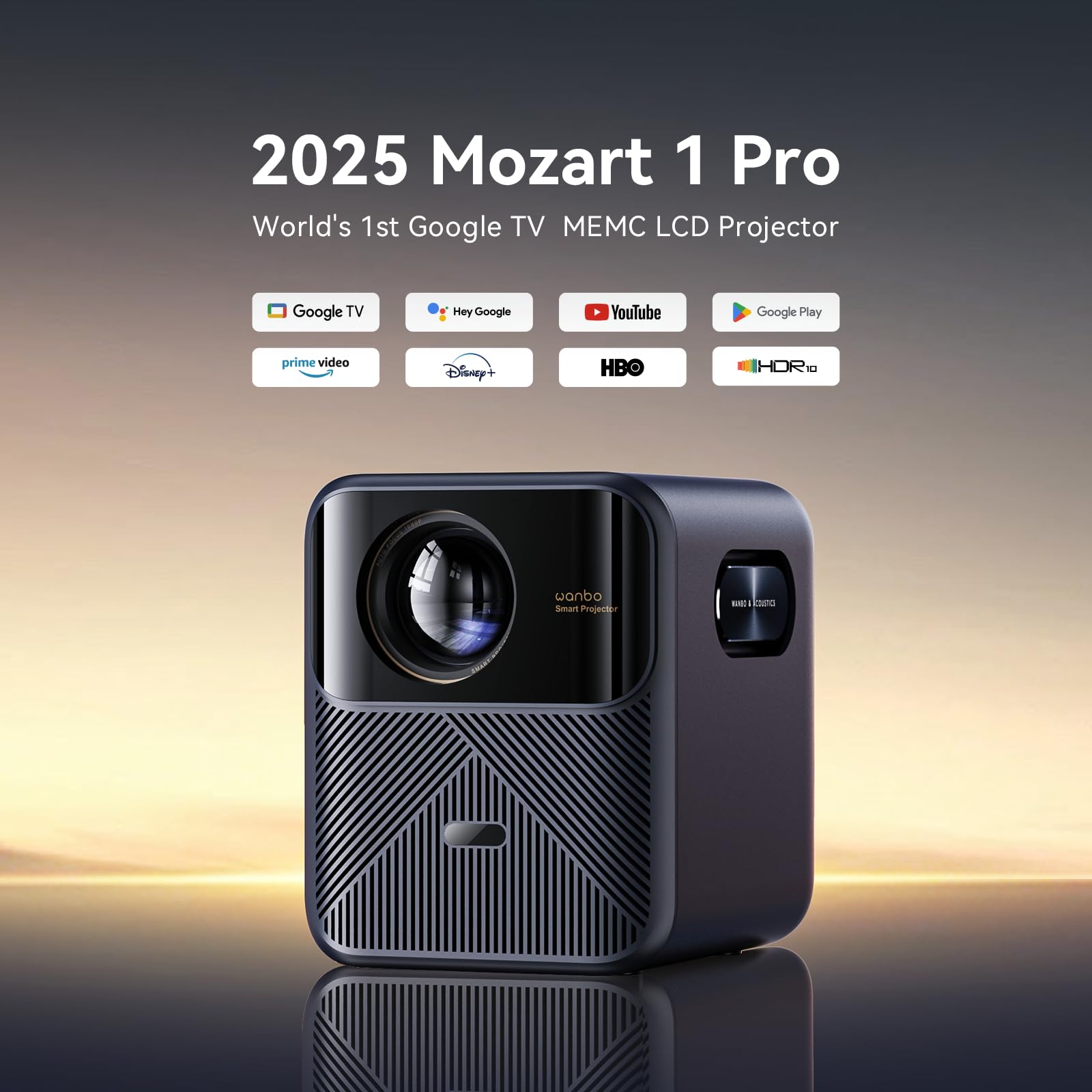 Wanbo Mozart 1 Pro 2025 Proyector Inteligente Google TV, 1200 ANSI, HDR10, WiFi 5G y Bluetooth, Altavoces 20W, Soporte 4K, Enfoque Automático y Corrección de Imagen