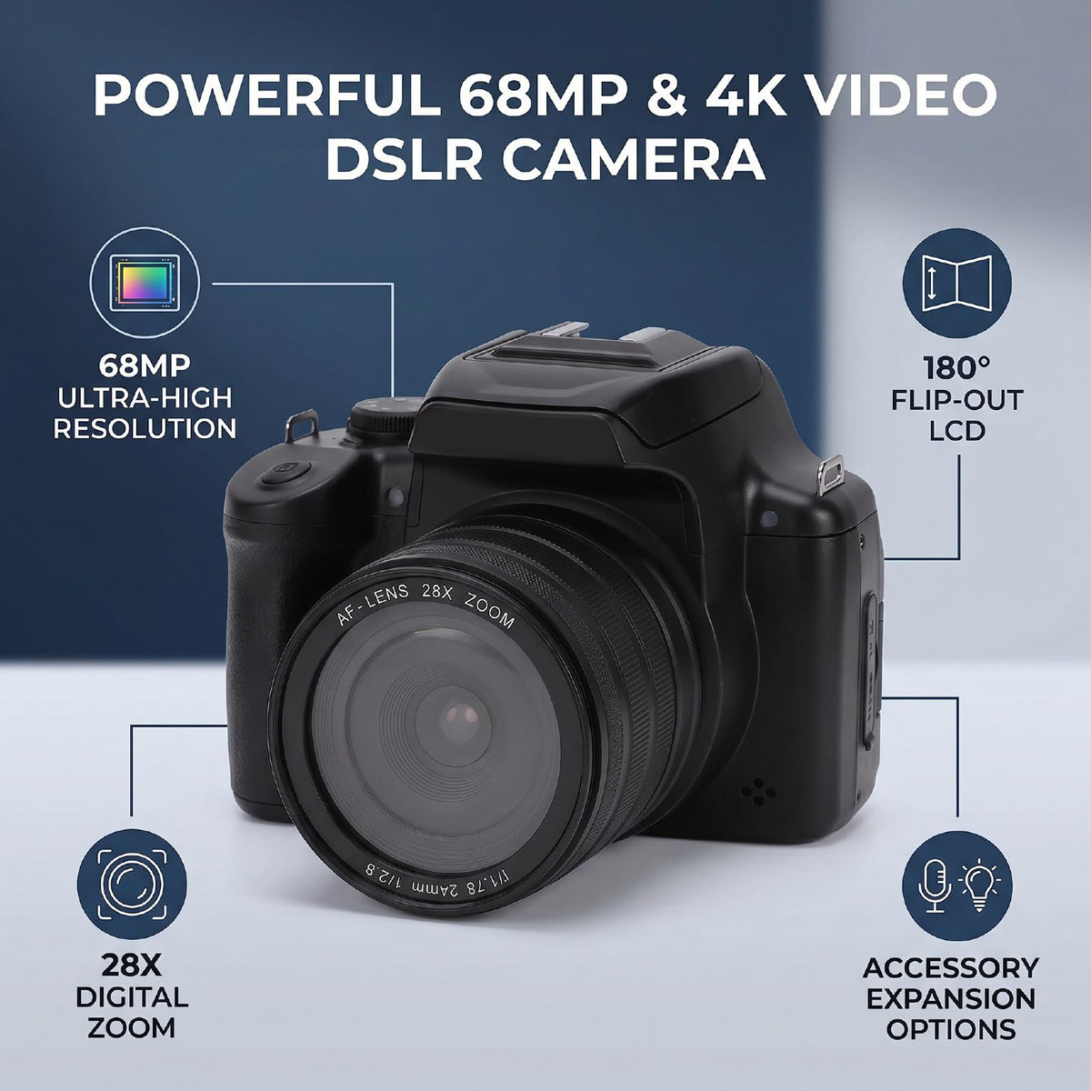 Fockety Cámara réflex Digital, Pantalla 2.8 Pulgadas, cámara Digital 4K con Pantalla abatible 180° y Flash, Enfoque automático, Zoom 28x para Adolescentes Principiantes en fotografía