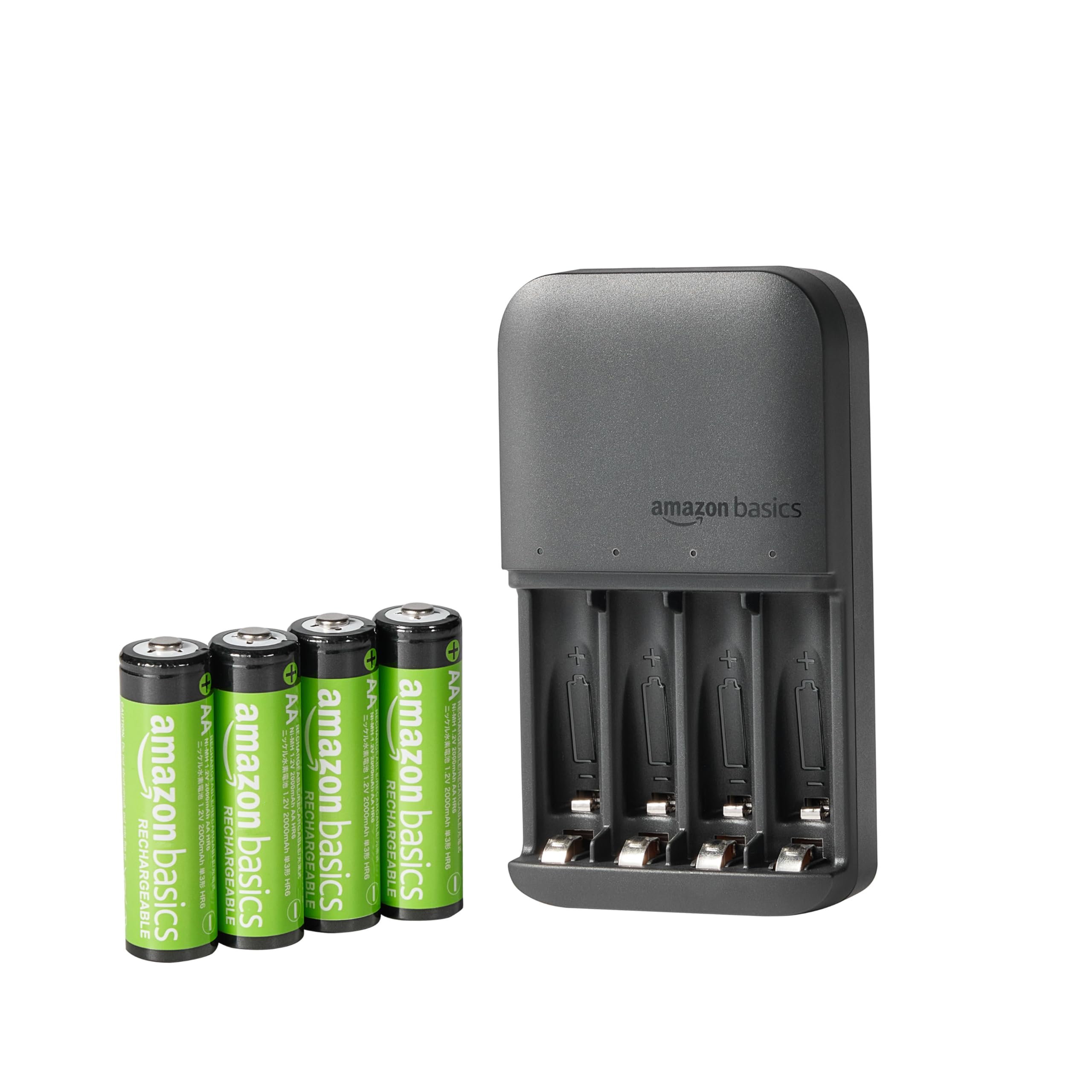 Amazon Basics Cargador de pilas de 4 ranuras para pilas recargables AA y AAA con pilas recargables AA de NiMh, 4 unidades (paquete de 1), enchufe tipo A (estadounidense), negro