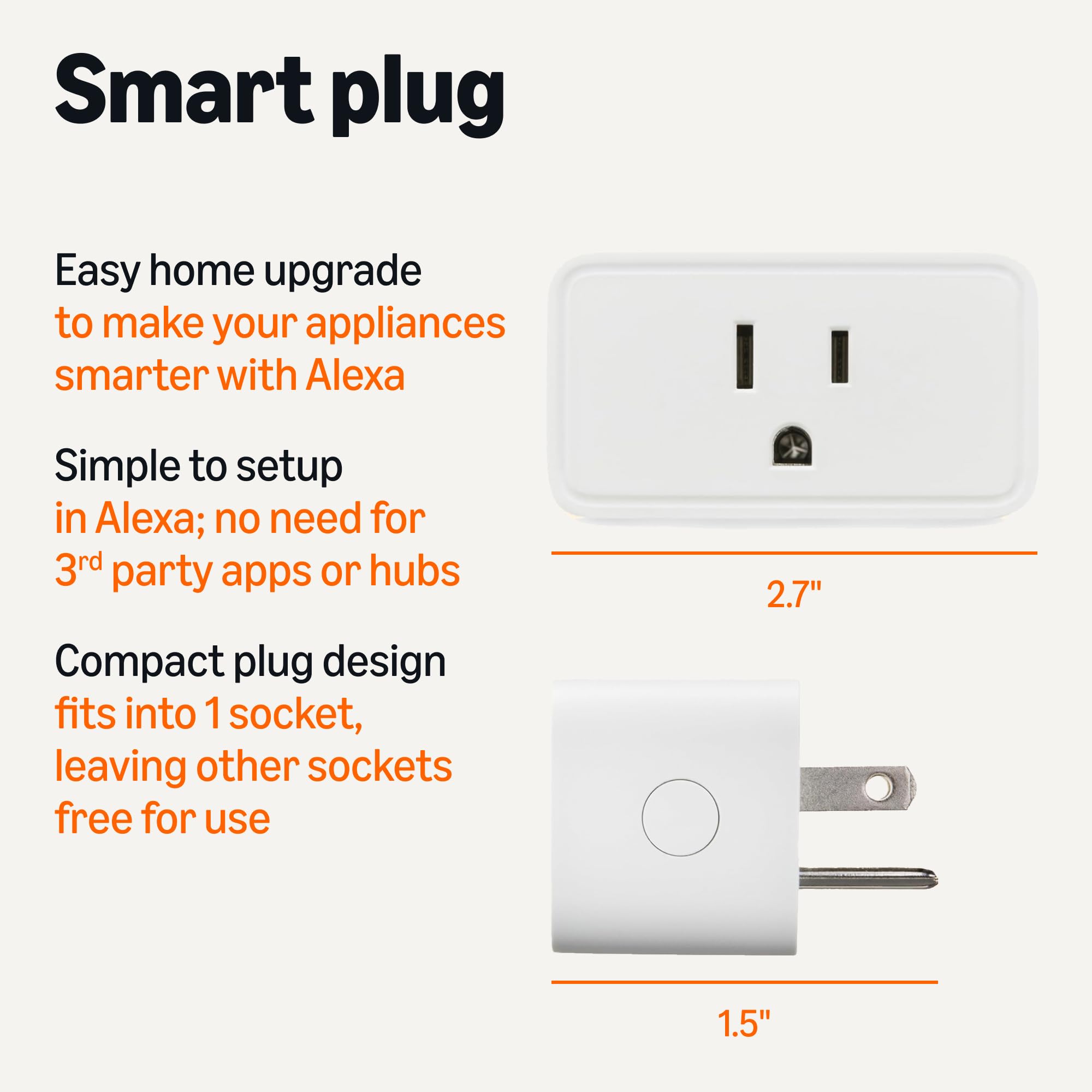 Amazon Basics Enchufe inteligente, funciona solo con Alexa, Wi-Fi de 2.4 GHz, no requiere otros dispositivos, paquete de 1, blanco