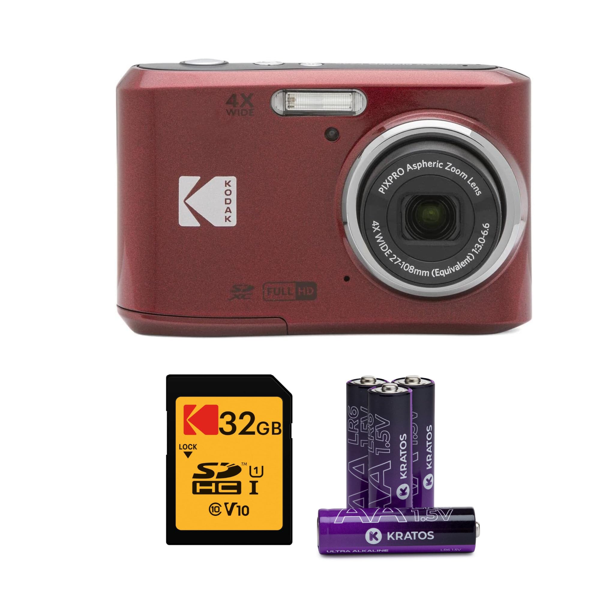 Kodak PIXPRO FZ45 Cámara digital (rojo) Paquete con tarjeta de memoria UHS-I U1 SDHC de 32 GB Clase 10 y pilas alcalinas AA de alto rendimiento (paquete de 4) (3 unidades)