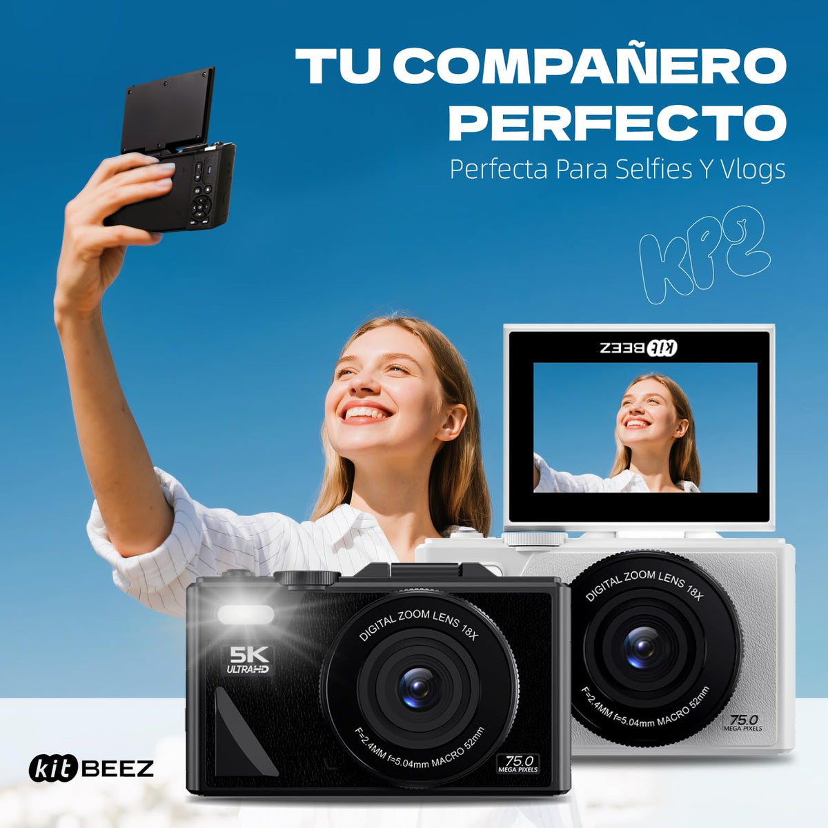 kitBEEZ Cámara Digital 5K Retro WiFi de 75 MP, Zoom de 18X, Pantalla Abatible de 3 Pulgadas, Admite Cámaras Web, Cámara Portátil de Viajes con Tarjeta 32GB SD, Negro