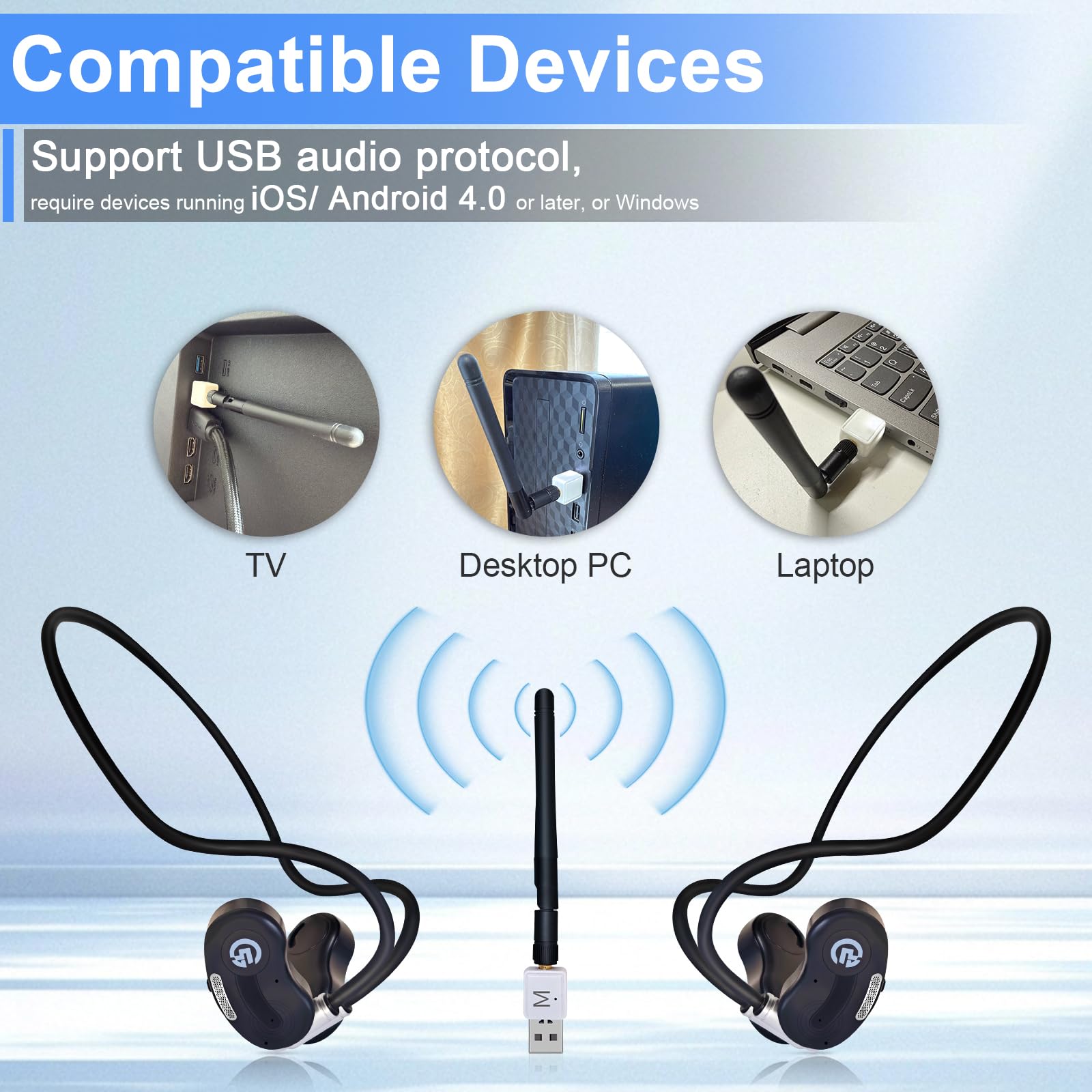 eYotto - Paquete de 2 auriculares inalámbricos para ver televisión, control de volumen personal, auriculares inalámbricos con transmisor USB para personas mayores y con problemas de audición, conexión