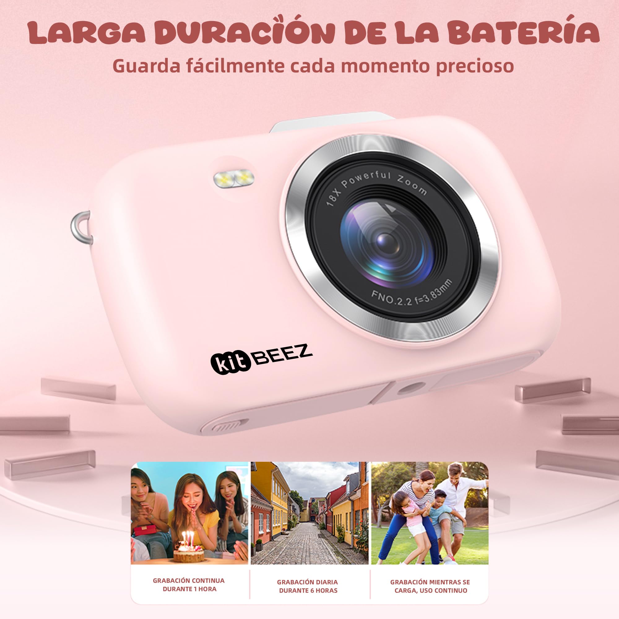 kitBEEZ Cámara Digital 1080P 64MP Vlogging con Tarjeta 32GB, Linda Cámara Digital, Zoom 18X, Anti-Shake y Disparo Continuo, Camara Fotografica Digicam Regalo para Niñas y Niños (Rosa)