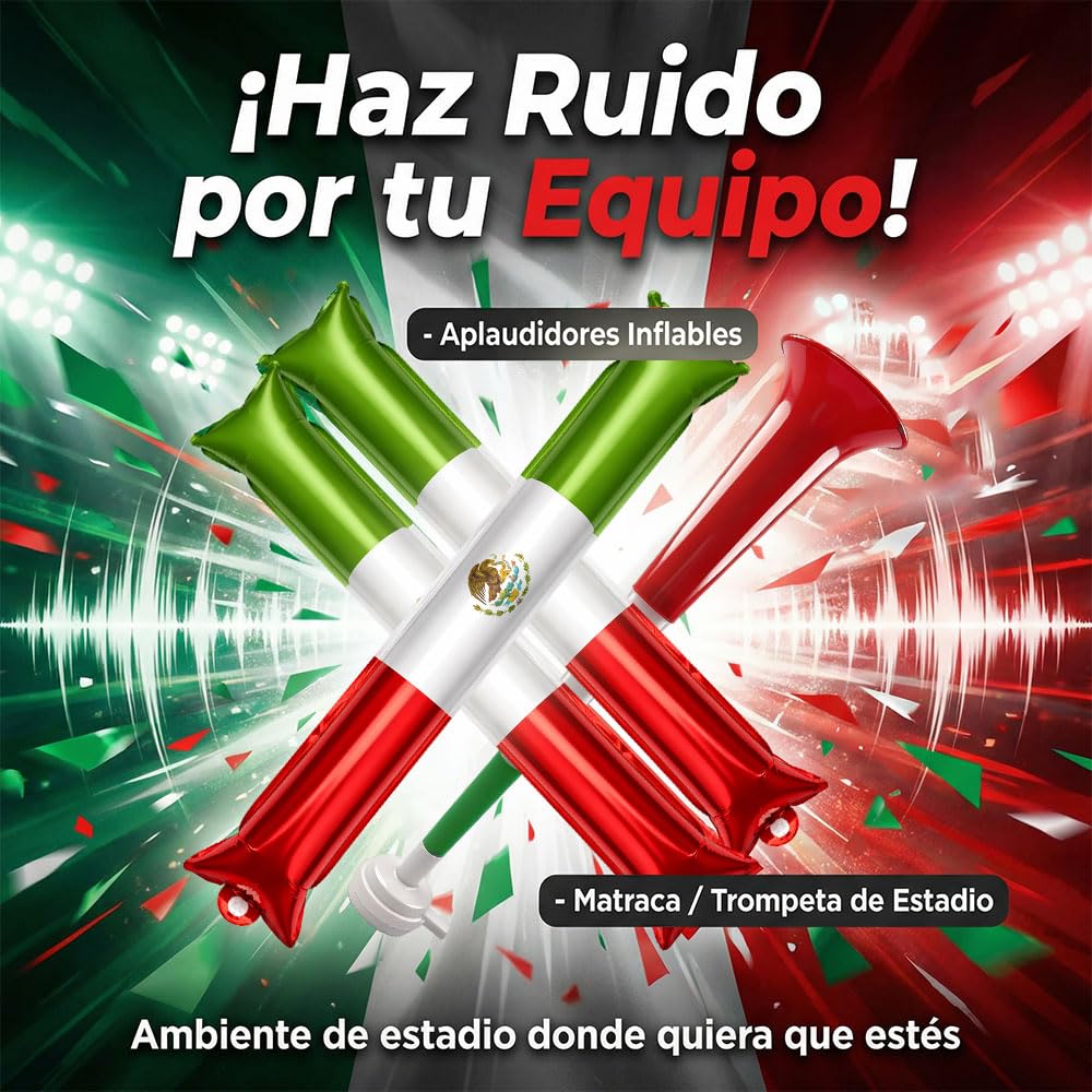 Kit Fan México 12PCS – Set de Fiesta Fútbol con Banderas, Bocina, Gafas, Pintura Facial y Pulseras, para Mundial 2026, Partidos de la Selección, Clásicos, Bares y Reuniones Familiares
