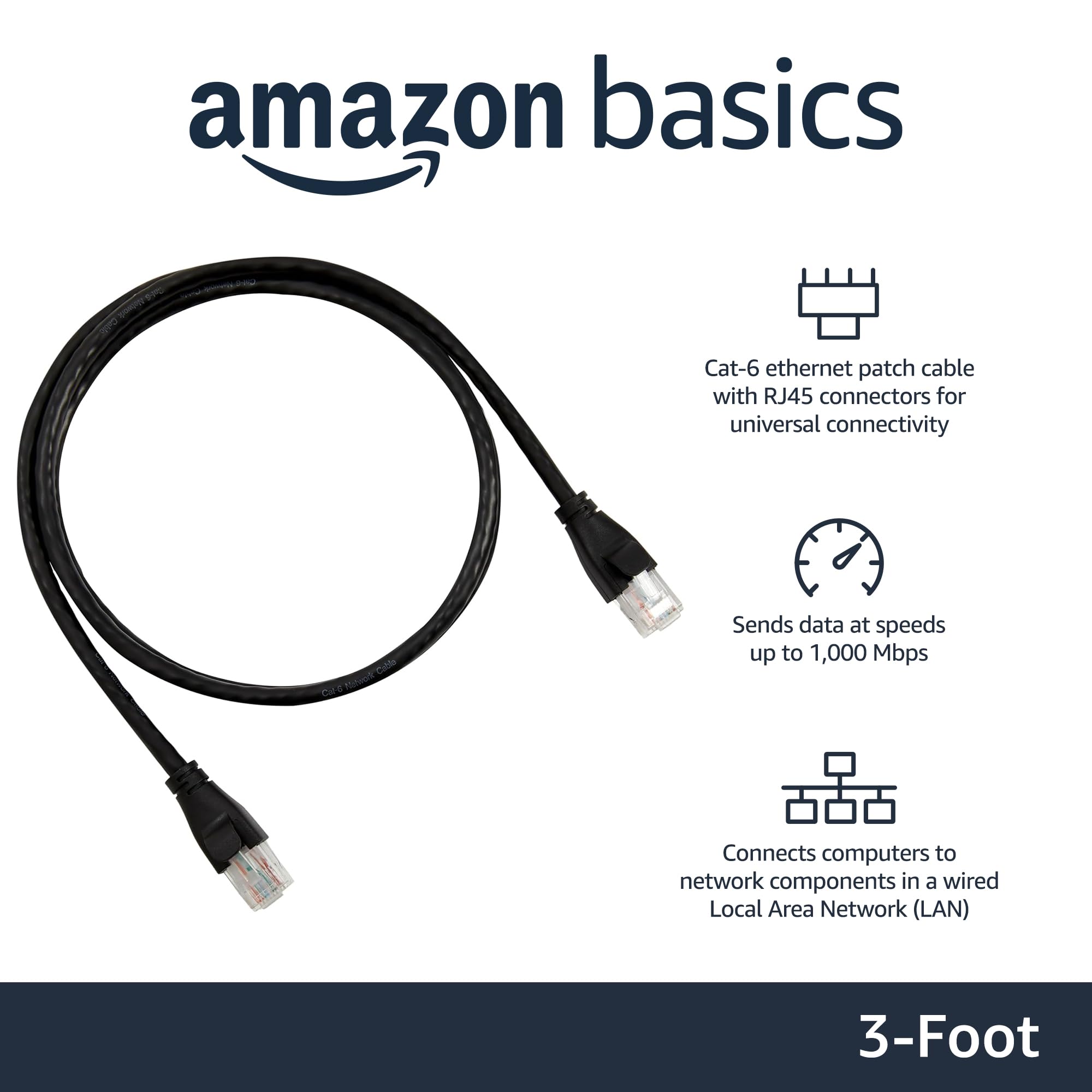 Amazon Basics - Cable de conexión Ethernet RJ45 Cat-6, 3 pies