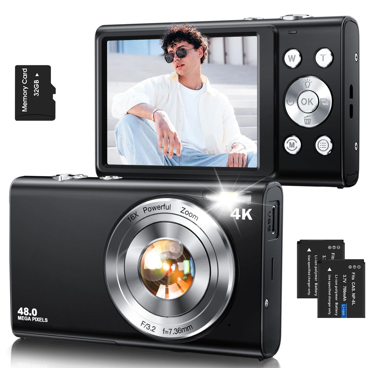 Cámara digital, enfoque automático 4K Vlogging Cámara para fotografía con tarjeta de 32 GB, cámara digital portátil compacta de 48 MP para adolescentes y adultos principiantes con zoom de 16X,