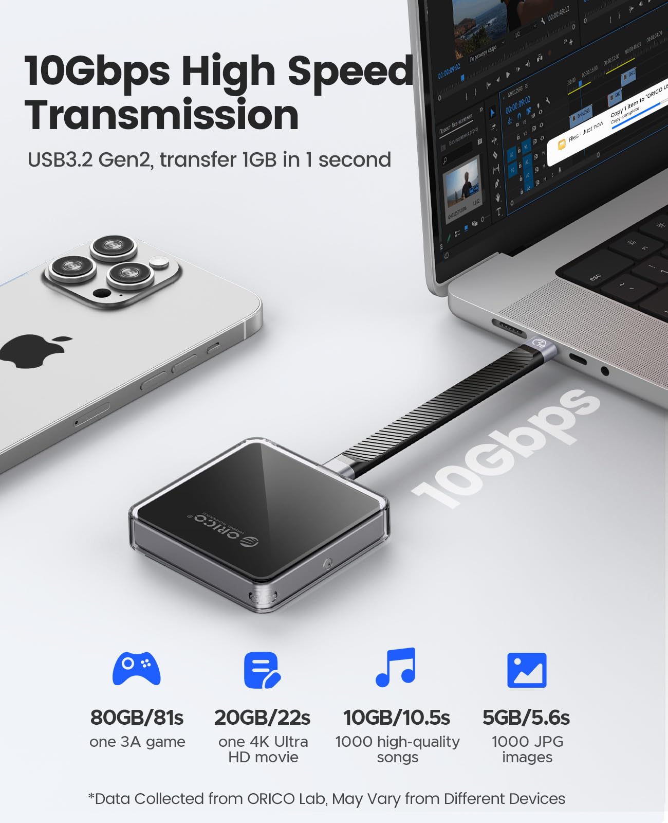 ORICO Carcasa Magnética M.2 NVMe SSD 10 Gbps, Grabación 4K ProRes para iPhone 17/16/15 Pro/Pro MAX/Plus, Compatible con Discos M.2 2230 B+M / M-Key (hasta 2 TB) - AP30 (Negro, sin Disco Incluido)
