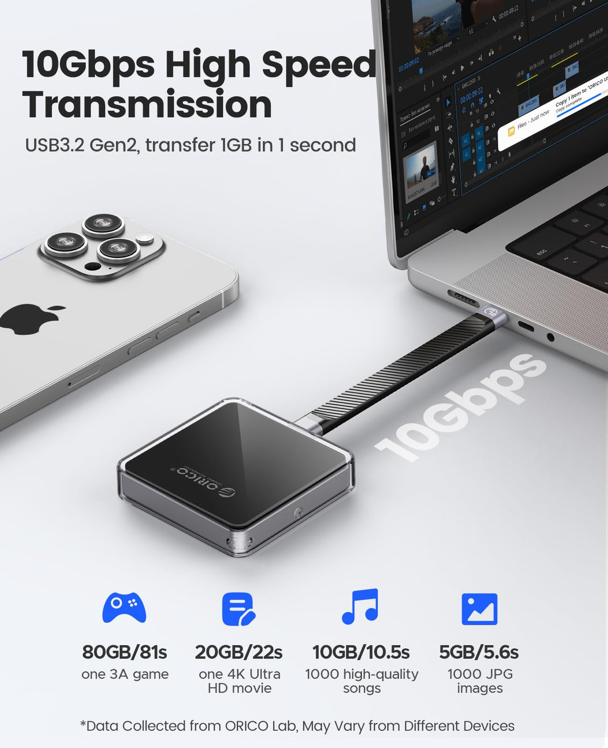 ORICO Carcasa Magnética M.2 NVMe SSD 10 Gbps, Grabación 4K ProRes para iPhone 17/16/15 Pro/Pro MAX/Plus, Compatible con Discos M.2 2230 B+M / M-Key (hasta 2 TB) - AP30 (Negro, sin Disco Incluido)