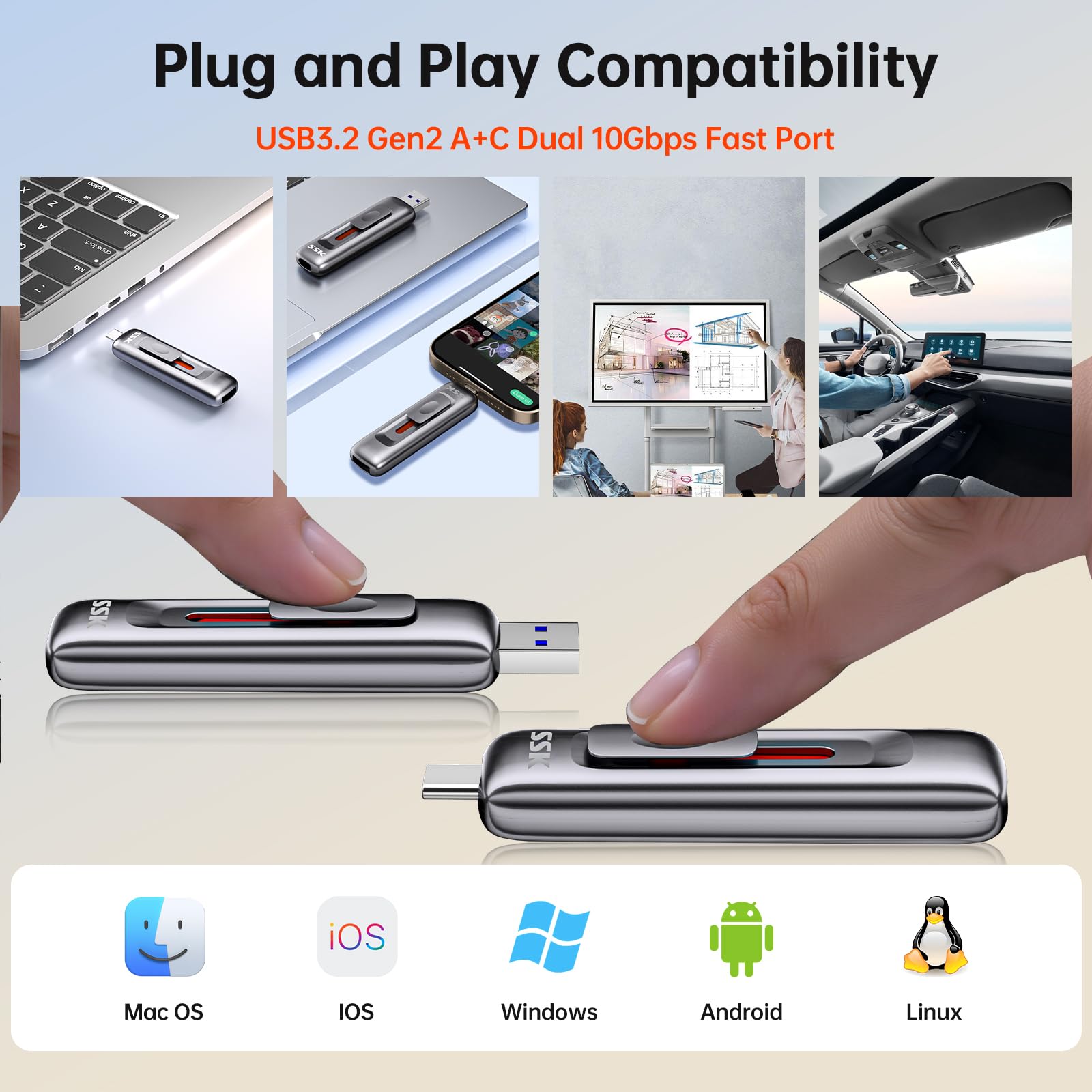 SSK Unidad flash SSD externa de 256 GB, unidad USB push-pull de hasta 1000 MB/s de doble cabeza, unidad de pulgar-USB SSD Memory Stick para iPhone 15/16/17, Android, Tablet, Win& Mac Aleación de zinc