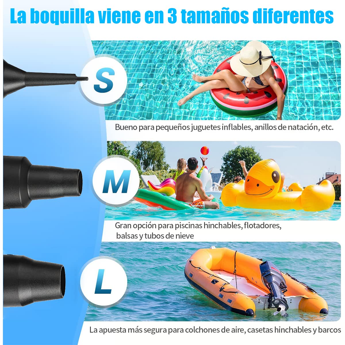 AXIDUN Bomba de Aire Eléctrica, Bomba de Aire Portátil de Llenado Rápido con 3 Boquillas, para Bolsas al Vacío, Colchón Hinchable, Juguetes Hinchable, Viaje a Familia,Camping