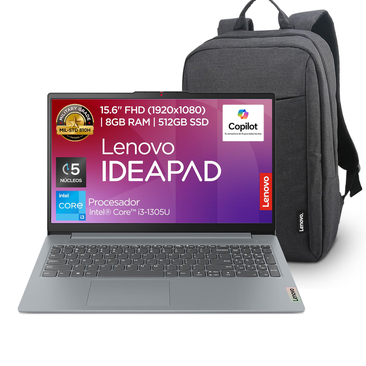 Lenovo Laptop + Mochila | IdeaPad Slim 3 | 15.6" FHD Touchscreen Intel Core i3 (13va Gen) 8GB RAM 512GB SSD | Dolby Audio Cámara 1080 FHD Windows 11, Teclado QWERTY