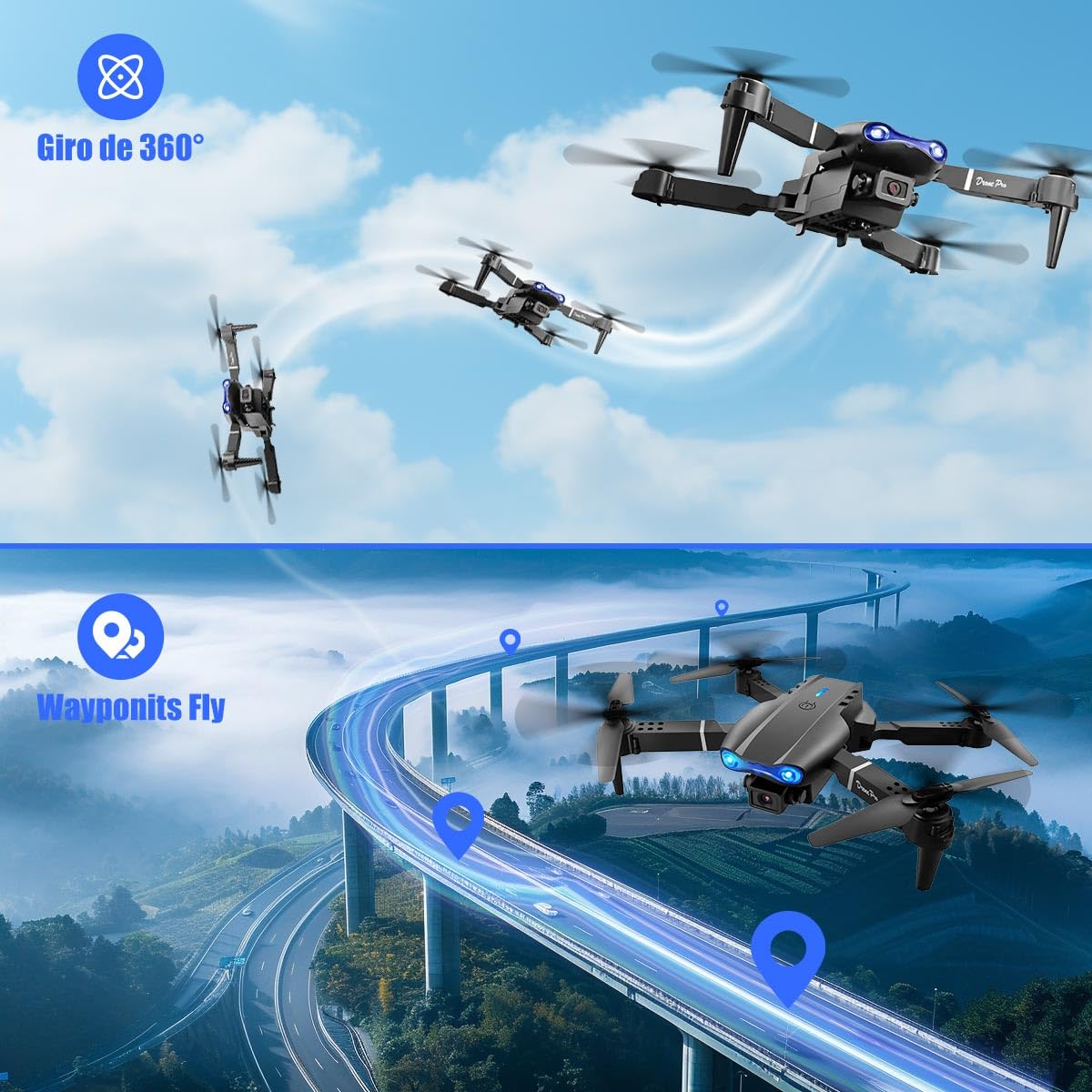 Mini Drone con Cámara, 4K Dual Hd Drone Control Remoto Posibilidad de Giro de 360°, Drones Antisísmicos Rastrear El Vuelo de 100 Metros, Dron con Camara para Adolescentes Principiantes Regalo