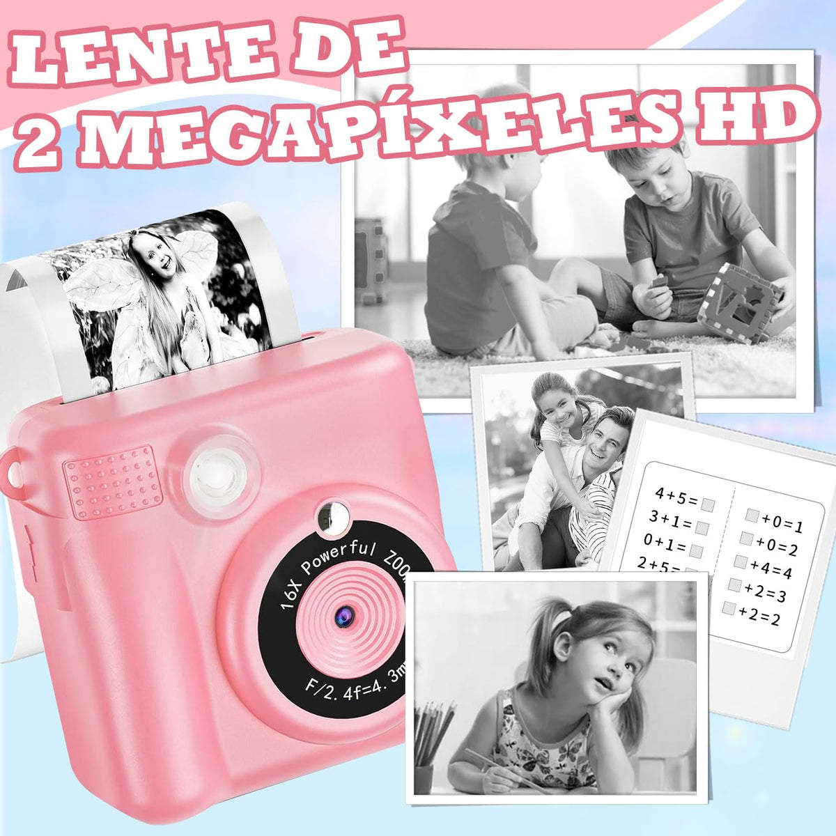 AWCBBT Cámara Instantánea para Niños de 1080P,Camara Fotografica Instanea,Camara Infantiles para Niñas con Tarjeta SD de 32 GB y 5 Vols Papel de Impresión,Cordón de Mano,Cable de Datos USBC(Rosa)