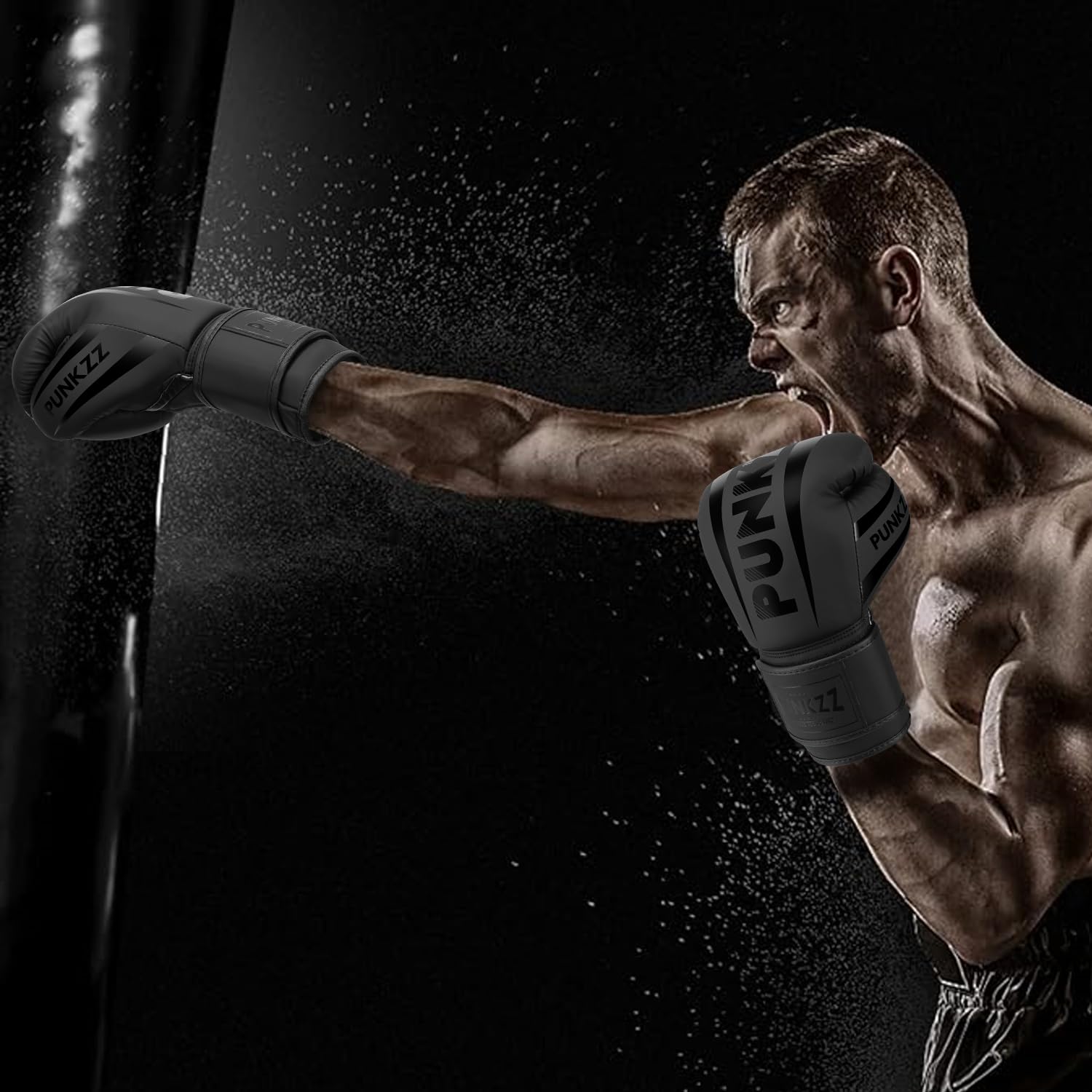 PUNKZZ Guantes de Boxeo 8-18oz,Guantes de Entrenamiento para Hombres y Mujeres, Protector Bucal Incluido, Absorción de Impactos, MMA (Negro, 12oz)
