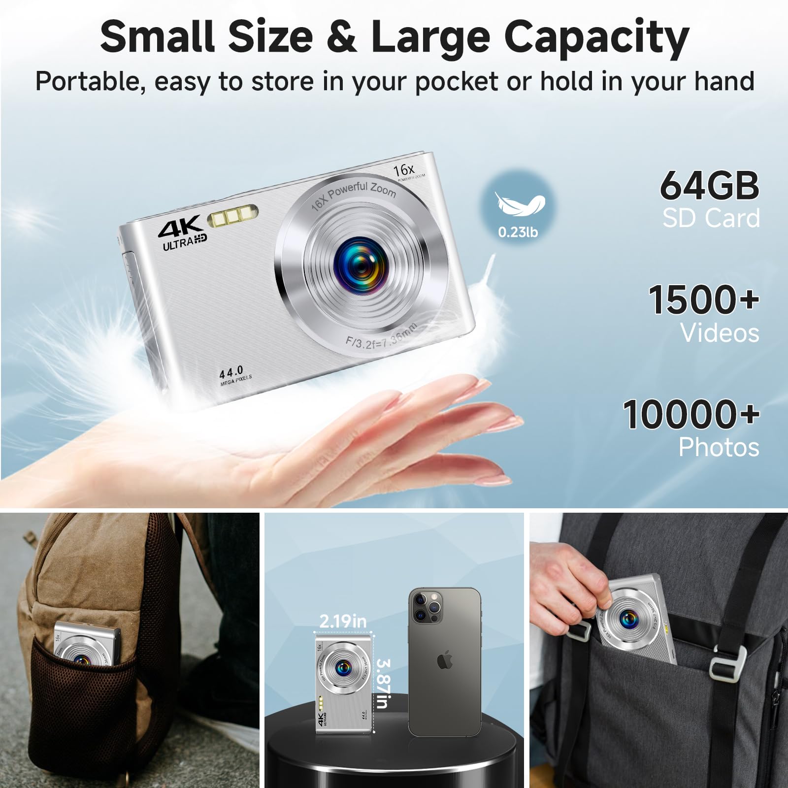 Cámara digital, SMARTKLIK 2026 4K Cámaras digitales con enfoque automático para adolescentes, cámara plateada de punto y disparar para niños con zoom 16X, tarjeta SD de 64GB, compacta y pequeña para