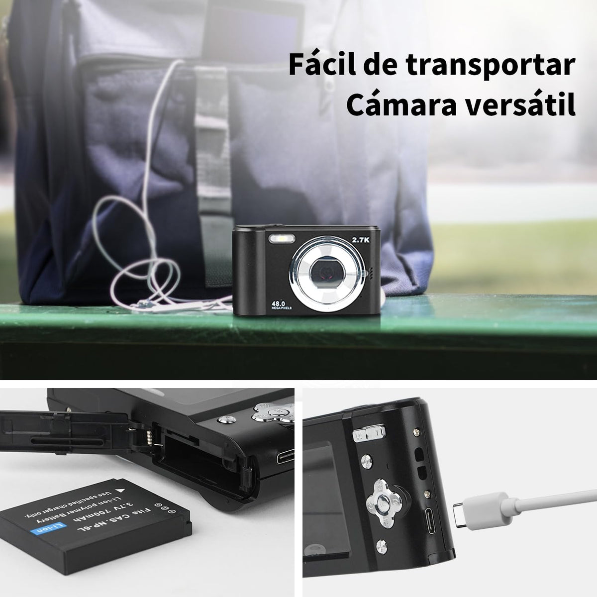 vantisan Cámara Digital, HD 1080P 48MP Cámara Vlogging, Cámara de Video con Tarjeta 32GB, Enfoque Automático con Zoom 8X, Disparo Continuo, Pantalla IPS de 2.4'', Mini Cámara para Niños y Niñas