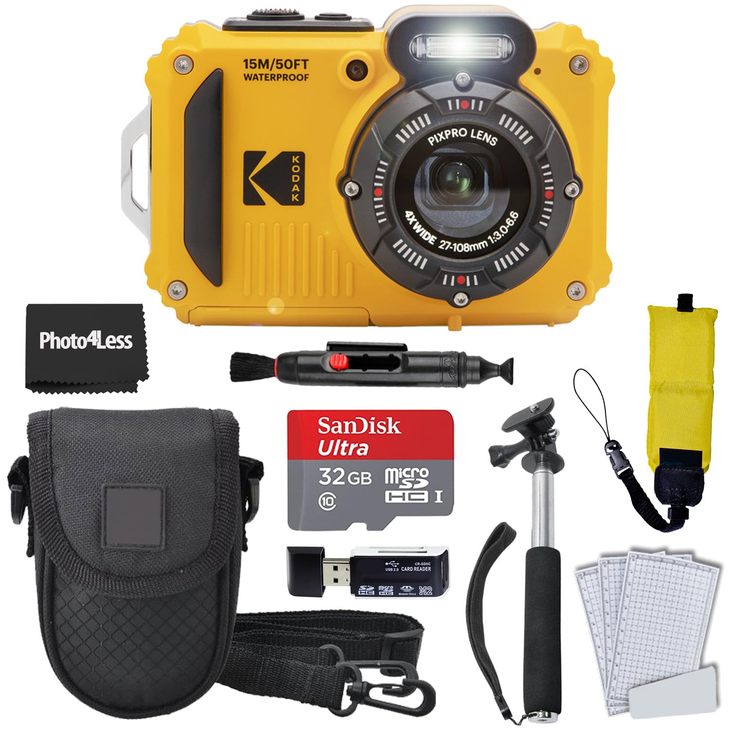 Kodak PIXPRO WPZ2 - Cámara digital resistente al agua, a prueba de golpes, 16 MP, zoom óptico 4X 1080P, vídeo Full HD, 2.7 LCD (amarillo), tarjeta SD de 32 GB, estuche negro para cámara compacta