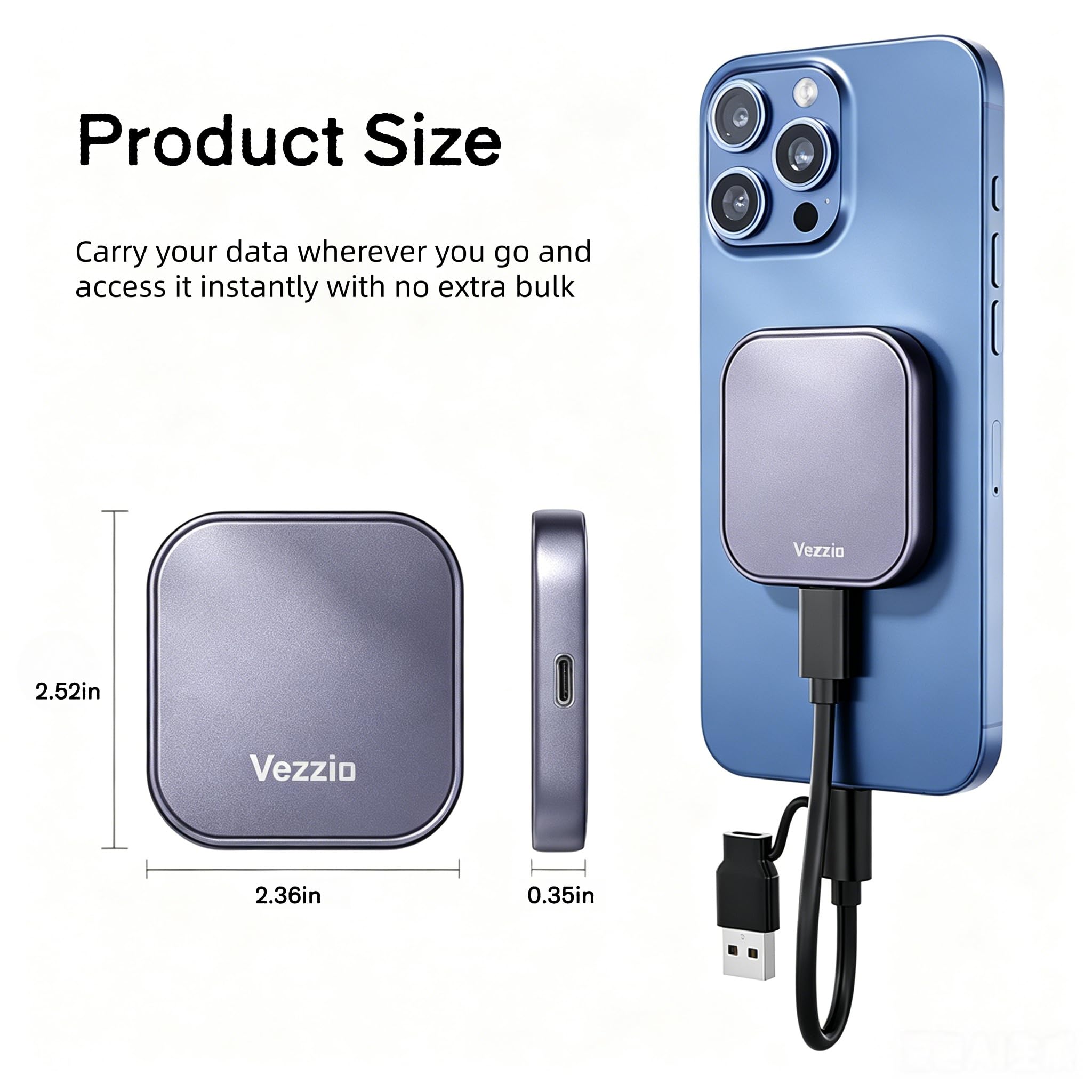 Vezzio SSD Externo de 512 GB, SSD portátil magnético con USB Tipo C 3.2 Gen 2x2 de hasta 510 MB/s, diseño de Carcasa de Aluminio, SSD portátil para iPhone 15/16/17.