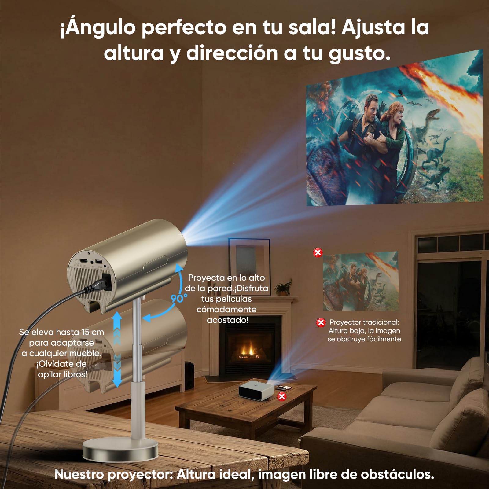 Proyector Portátil 4K 300ANSI Apps Retráctil Enfoque Eléctrico Ajuste 90°