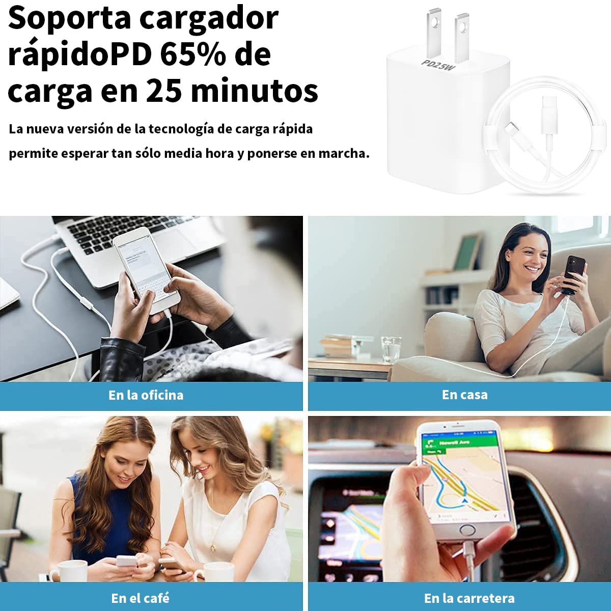 RENDIN 25W Cargador Carga Rápida para iPhone - Cargador Tipo C con 1M Cable Compatible con iPhone 14/13/12/11/X/iPad