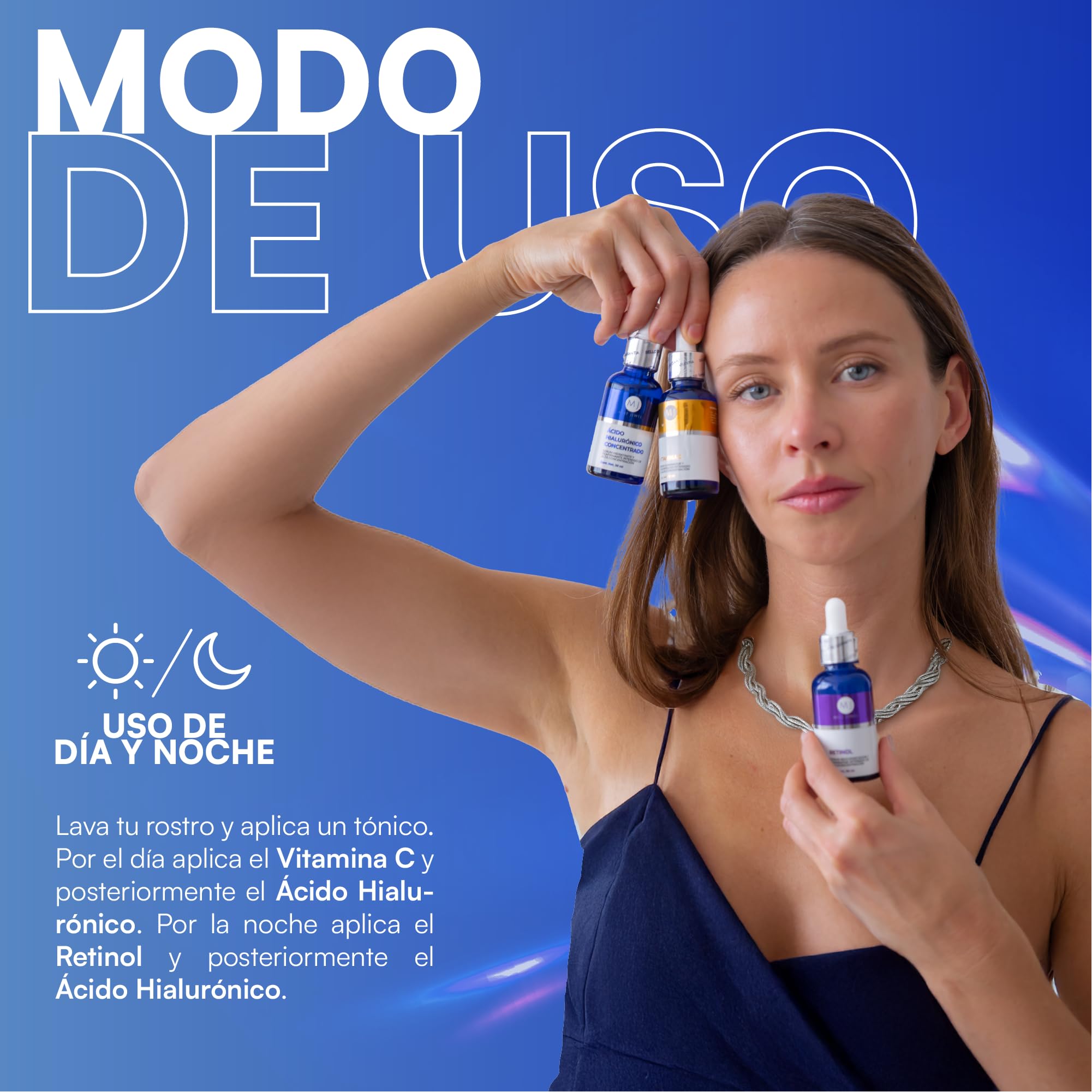 MIST JEWEL Kit de Skincare con 3 Serums Faciales: Vitamina C, Retinol y Ácido Hialurónico + Vitamina E | Rutina de sueros faciales Antiedad, Hidratante, Iluminadora Día y noche (KIT facial complete)