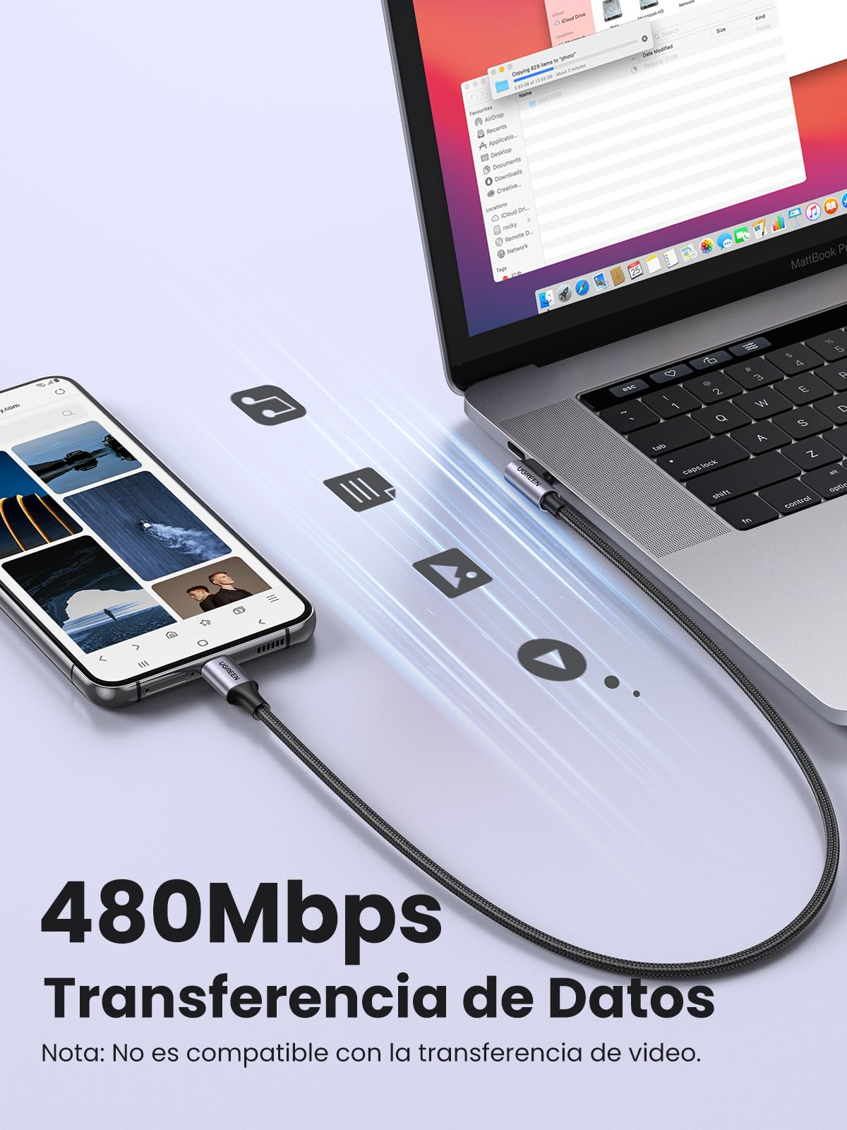 UGREEN Cable USB C a C 90 Grados, 2M 60W PD Carga Rápida 20V 3A Compatible con iPhone 16 15, Galaxy S25 S24 S23, Cargador USB Tipo C Nylon Trenzado, Macbook Pro, iPad Pro 2024, Air 7 6 5