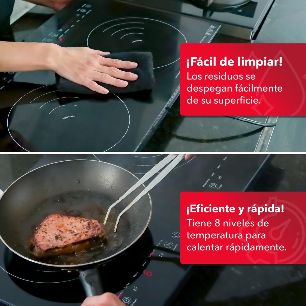 RCA Parrilla de Inducción Doble Quemador RC-12A4, Diseño Moderno y Elegante de Cristal Templado Negro, Controles Táctiles, Seguridad Avanzada, Bloqueo para Niños, Compacta y Potente, Fácil Limpieza.