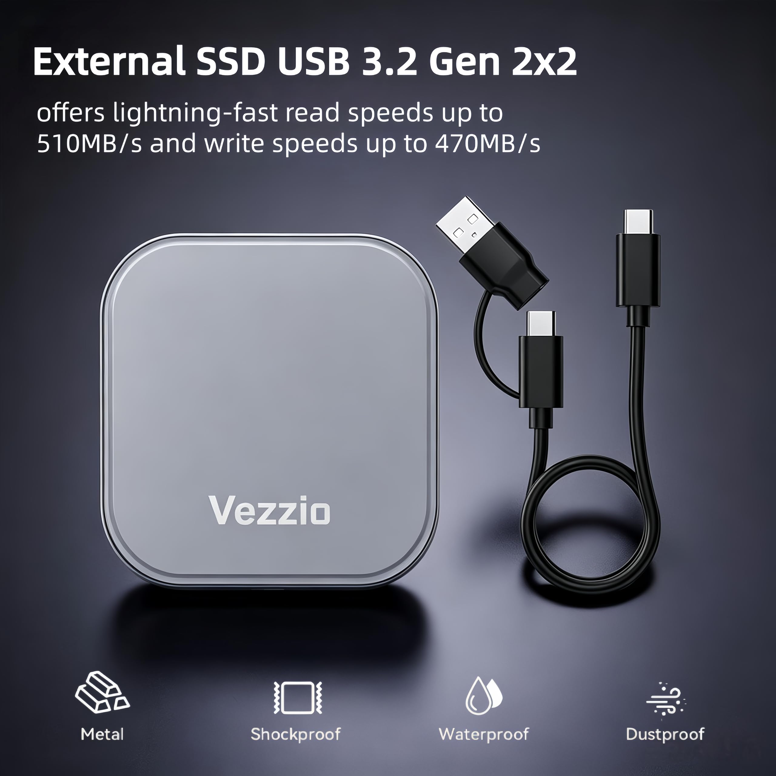 Vezzio SSD Externo de 512 GB, SSD portátil magnético con USB Tipo C 3.2 Gen 2x2 de hasta 510 MB/s, diseño de Carcasa de Aluminio, SSD portátil para iPhone 15/16/17.
