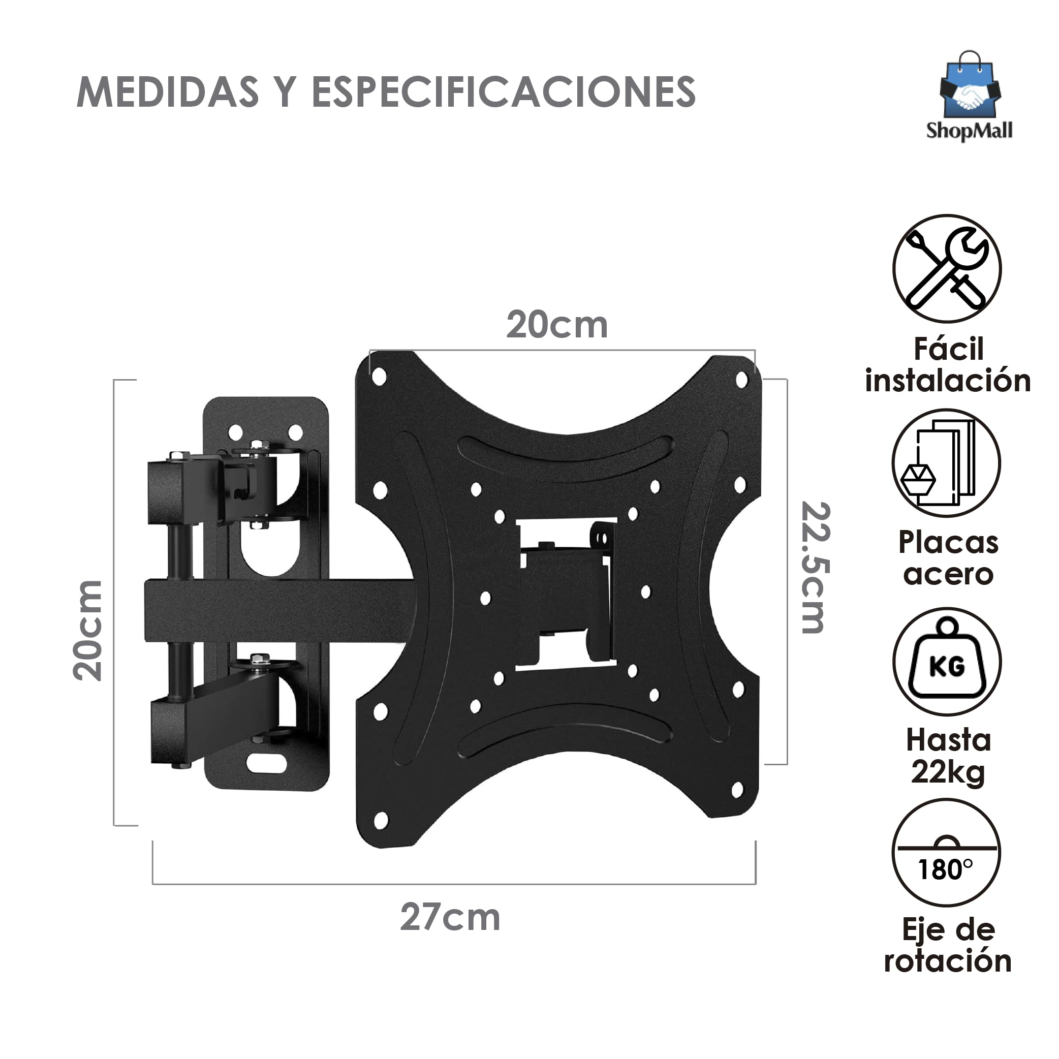 SHOPMALL Soporte de Pared para Pantalla de 17 a 42 Pulgadas, Ajustable, Inclinación y Rotación, Compatible con TV LED, LCD, Plasma, Fácil Instalación, Ideal para Hogar y Oficina