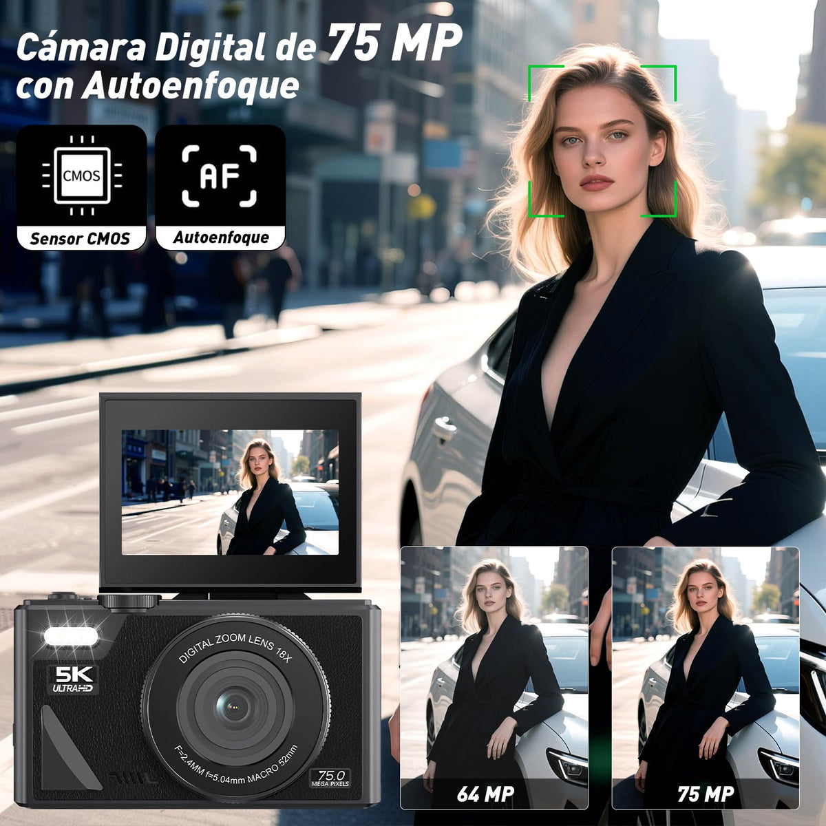 Camara Digital 5K Ultra HD, Camara Fotografica 75 MP, Cámara de Vlogueo Admite [WiFi y APP], Pantalla Giratoria 180° de 3 Pulgadas, Enfoque Automático 18X, Cámara para Viajes, Fotografía(nergo)