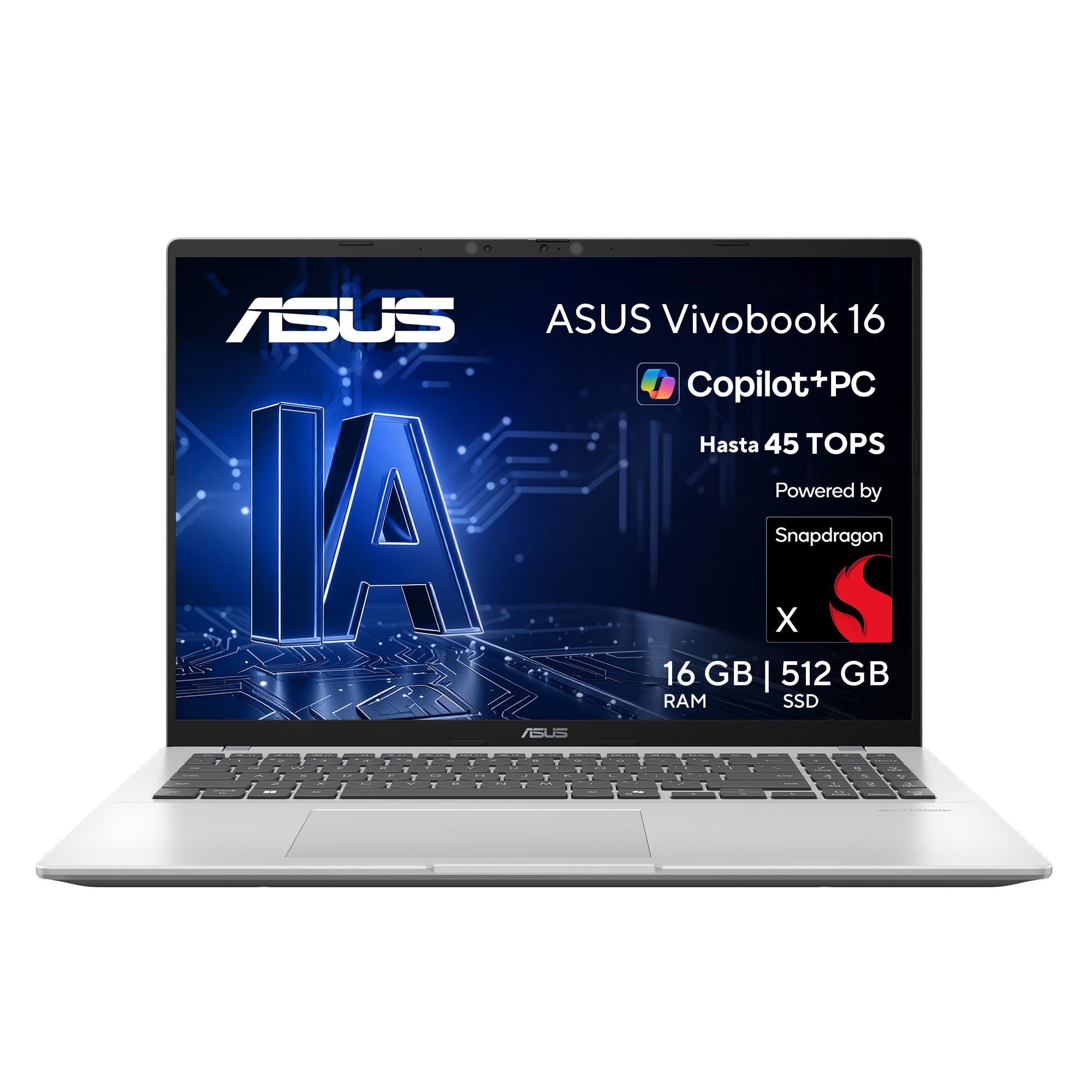 ASUS Vivobook 16” IA, Snapdragon X1/NPU 45 TOPS/16GB RAM/512GB SSD/hasta 27 Horas de batería + Carga rápida USB‑C/Teclado retroiluminado/Garantia con la Marca en Mexico.