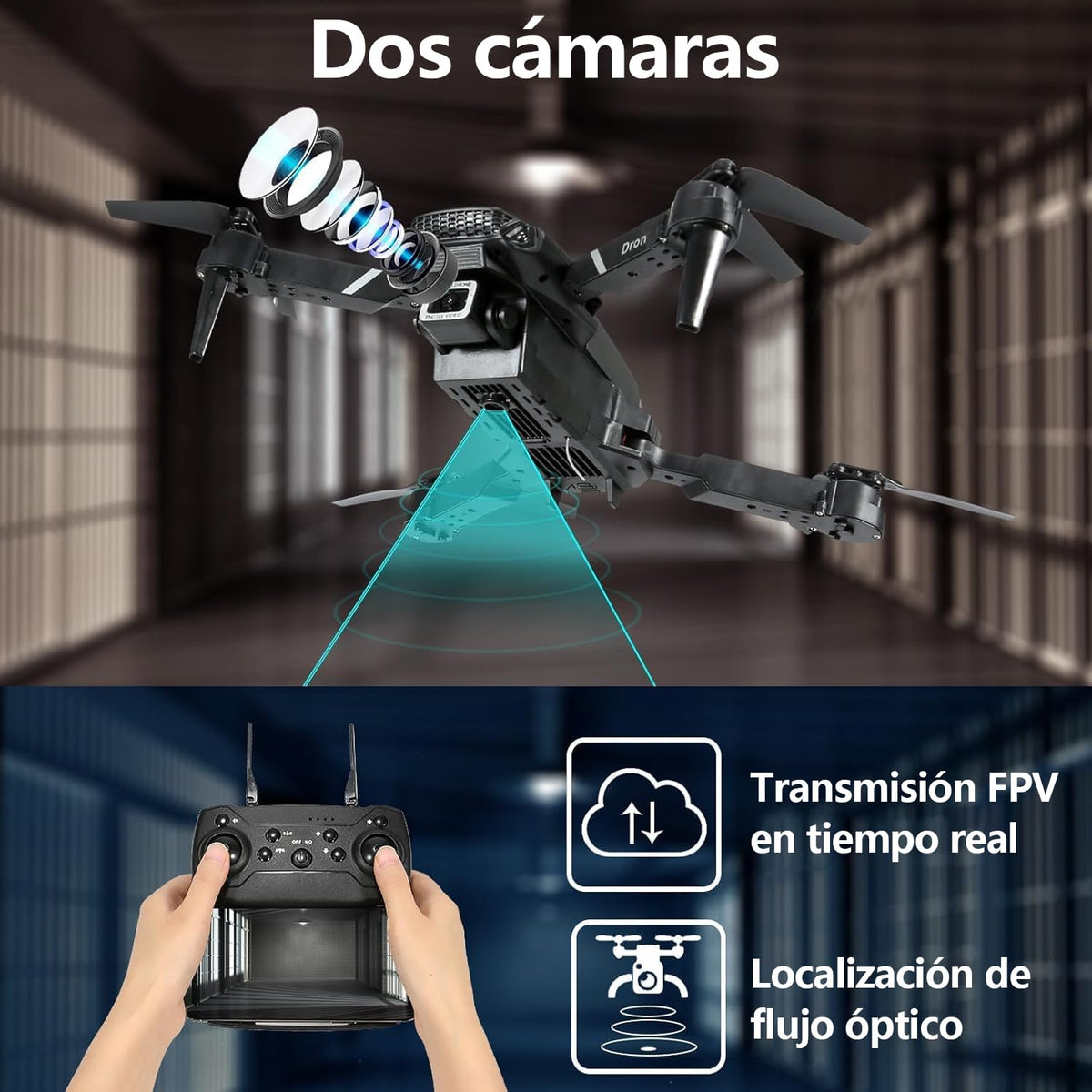 Dron con Cámara Dual, 360° Adjustable Eléctricamente Mini Drone para Principiantes, Drones con Cámara RC FPV WIFI 4k Cuadricóptero, Vuelo por Puntos de Referencia, Auto-Seguimiento, Giro 3D, Inicio con una Tecla, 3 Velocidades, 3 Baterías y Bolsa Portátil