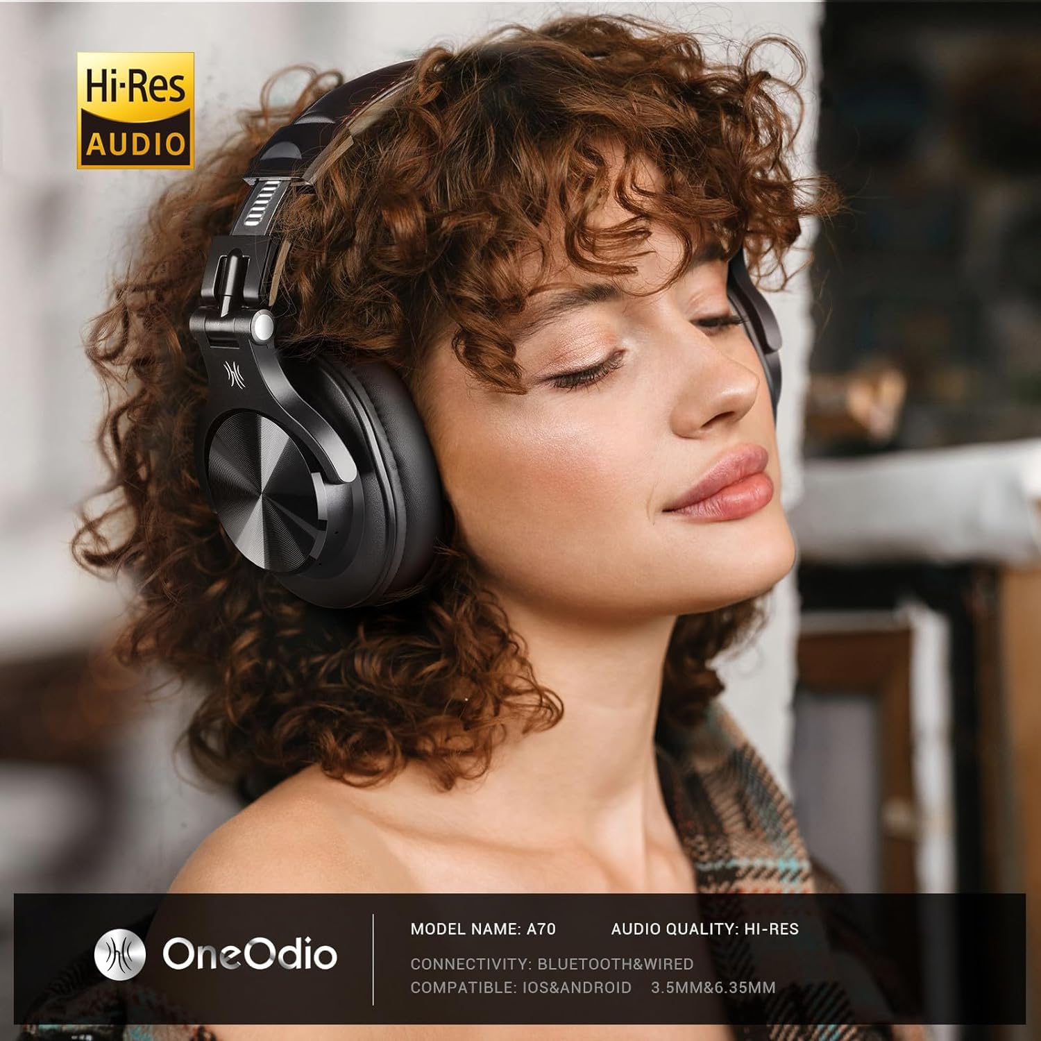 OneOdio A70 - Auriculares Bluetooth sobre la oreja, auriculares inalámbricos con tiempo de reproducción de 72 horas, de alta resolución, micrófono integrado, conector de audio con cable de 3,5 mm/6,35