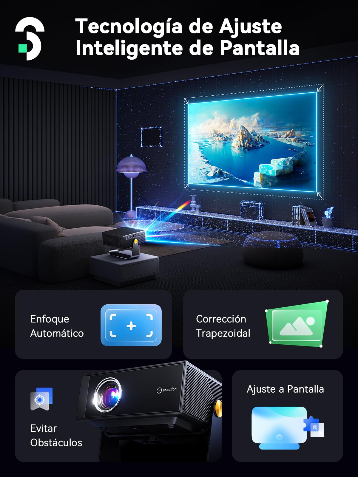 SOOMFON SK3 Android Proyector 4K Soporte Netflix Oficial WiFi y Bluetooth, 1080P Nativo 500 ANSI, Enfoque Automático y Corrección Keystone, Portátil para Cine en Casa y Exterior hasta 200"