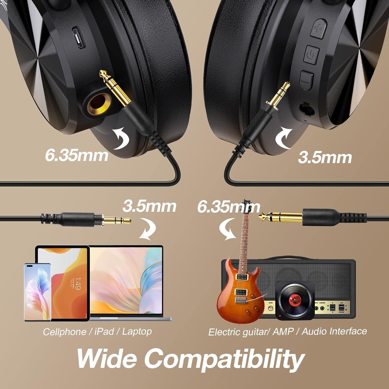 OneOdio A70 - Auriculares Bluetooth sobre la oreja, auriculares inalámbricos con tiempo de reproducción de 72 horas, de alta resolución, micrófono integrado, conector de audio con cable de 3,5 mm/6,35