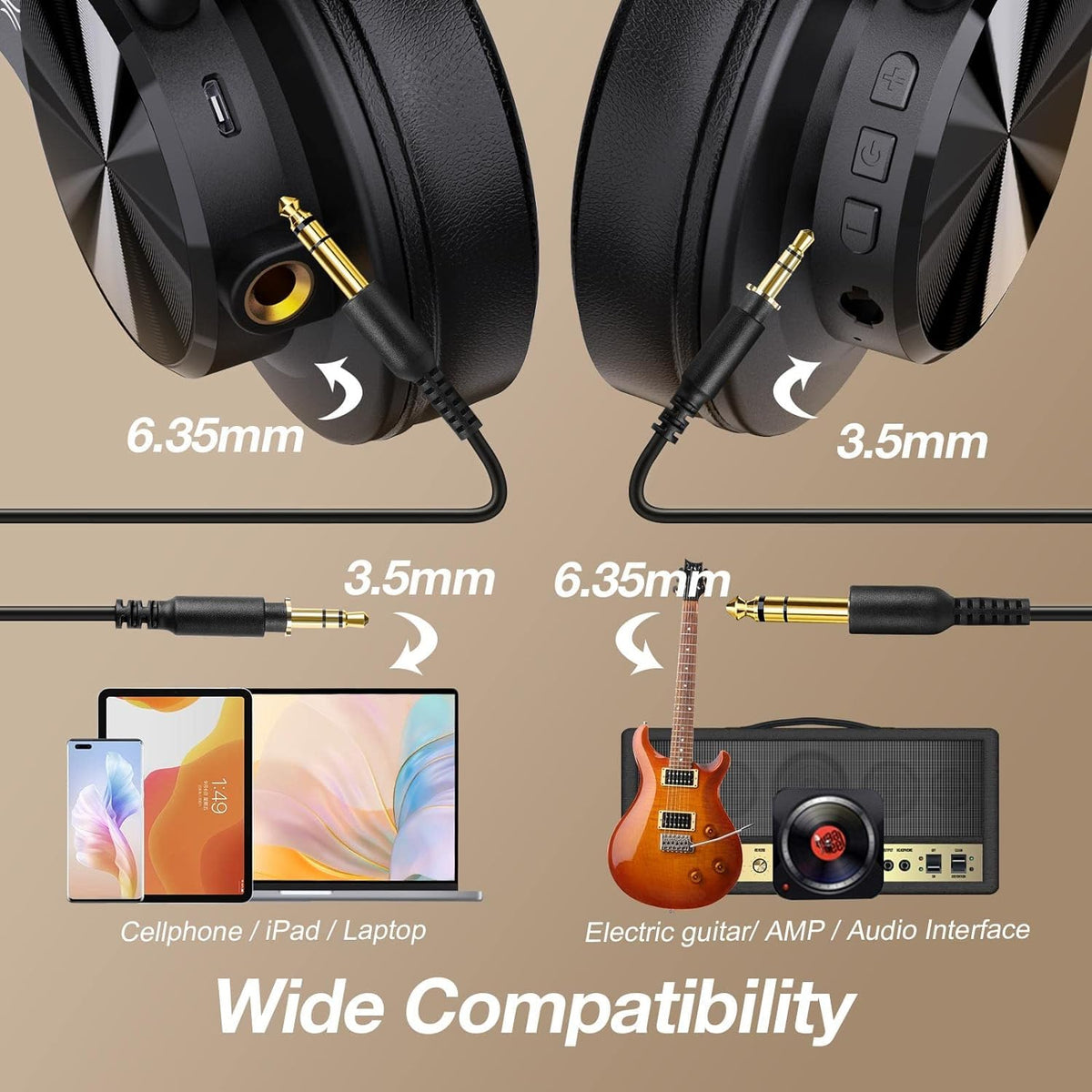 OneOdio A70 - Auriculares Bluetooth sobre la oreja, auriculares inalámbricos con tiempo de reproducción de 72 horas, de alta resolución, micrófono integrado, conector de audio con cable de 3,5 mm/6,35