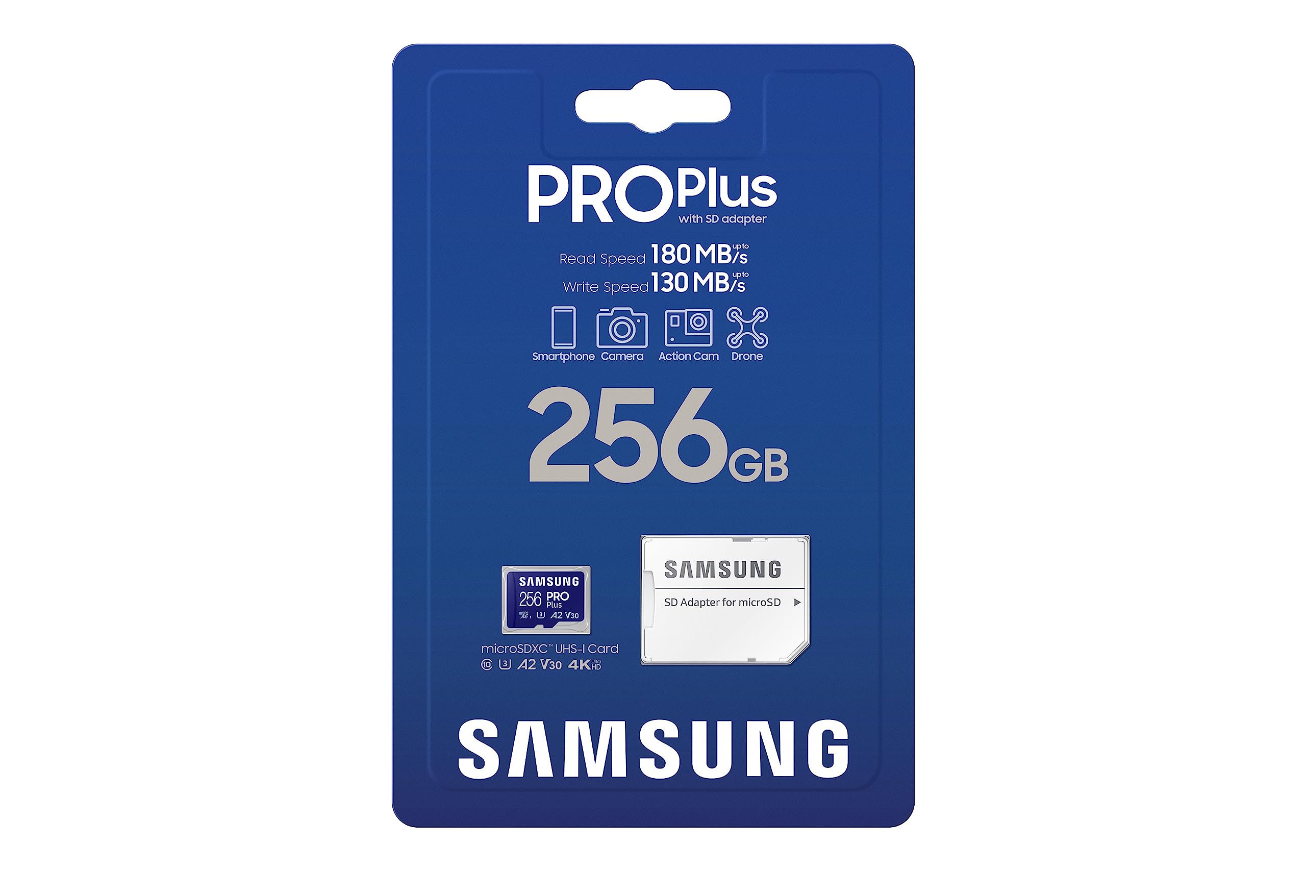 SAMSUNG Pro Plus Tarjeta de Memoria microSD + Adaptador, 256GB microSDXC, hasta 180 MB/s, Full HD y 4K UHD, UHS I, C10, U3, V30, A2, para teléfonos Inteligentes Android, tabletas, GoPRO y dji Drone