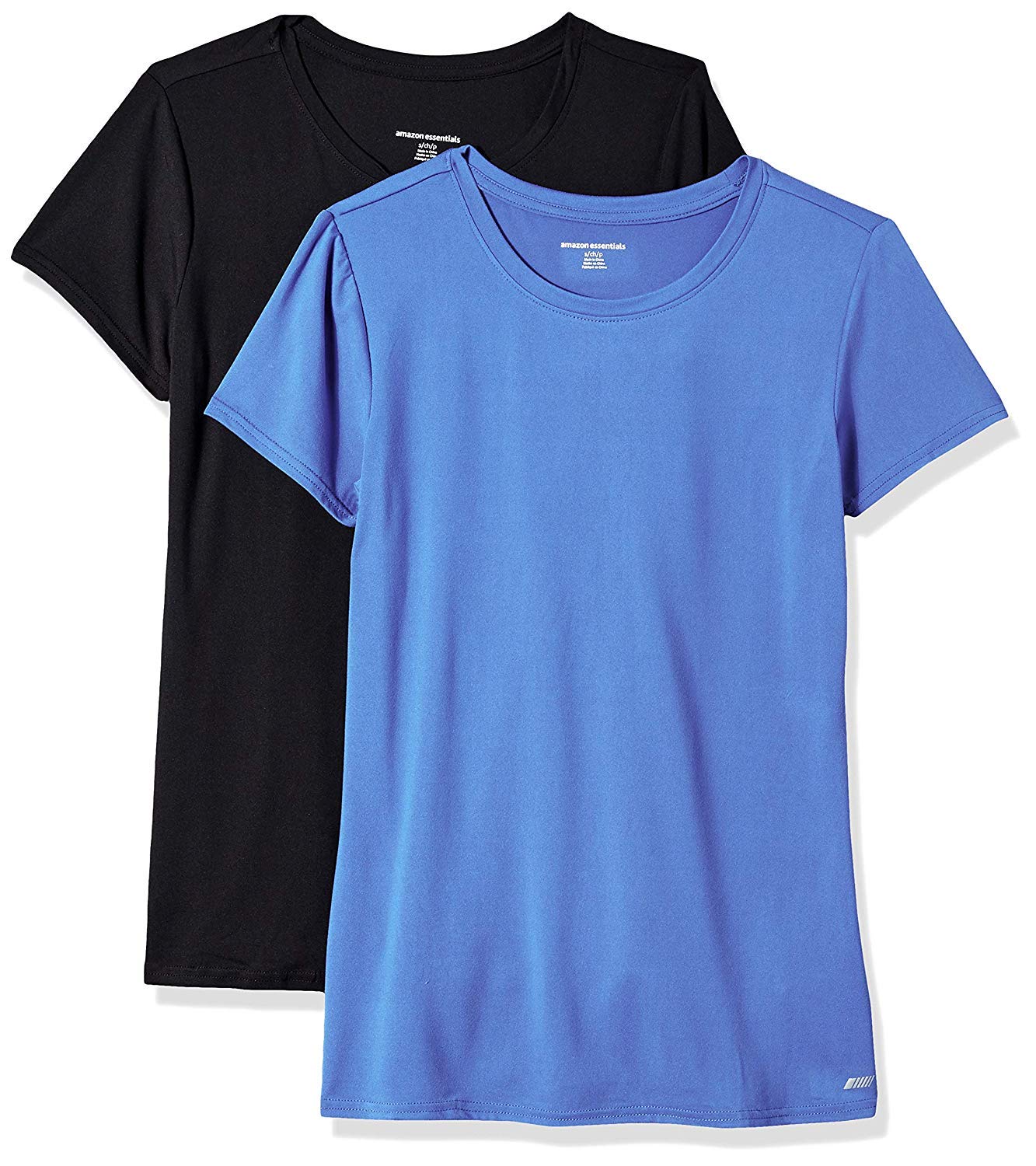 Amazon Essentials Tech - Camiseta elástica de manga corta con cuello redondo para mujer (disponible en tallas grandes), paquete de 2, azul brillante/negro, talla XG