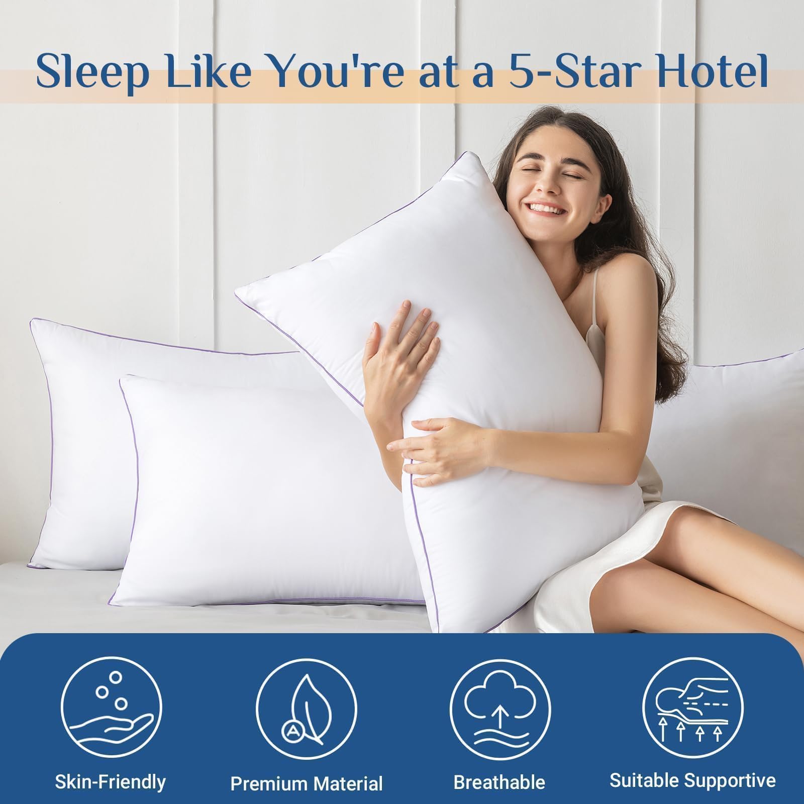 JOLLYVOGUE Almohadas de Cama Tamaño Estándar/Completo Juego de 4, Lavables y Firmes con Relleno Alternativo Extra Suave, Calidad Hotelera Lujosa y Esponjosa para Todo Tipo de Durmientes