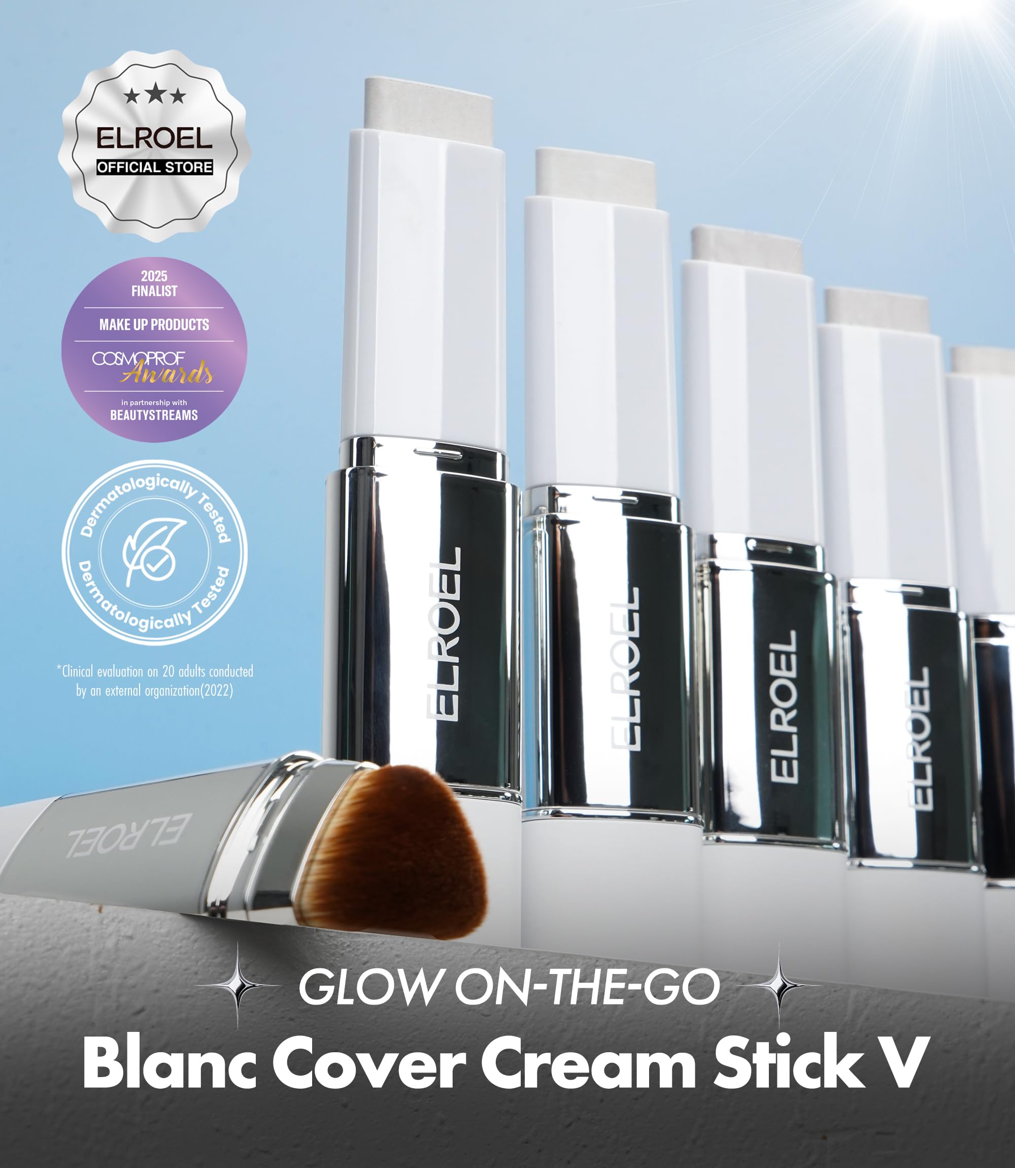 ELROEL BLANC Cover Cream Stick V – Base coreana que cambia de color con cepillo desmontable – Base de maquillaje de cobertura completa a media (203 medianas, 0.45 onzas)