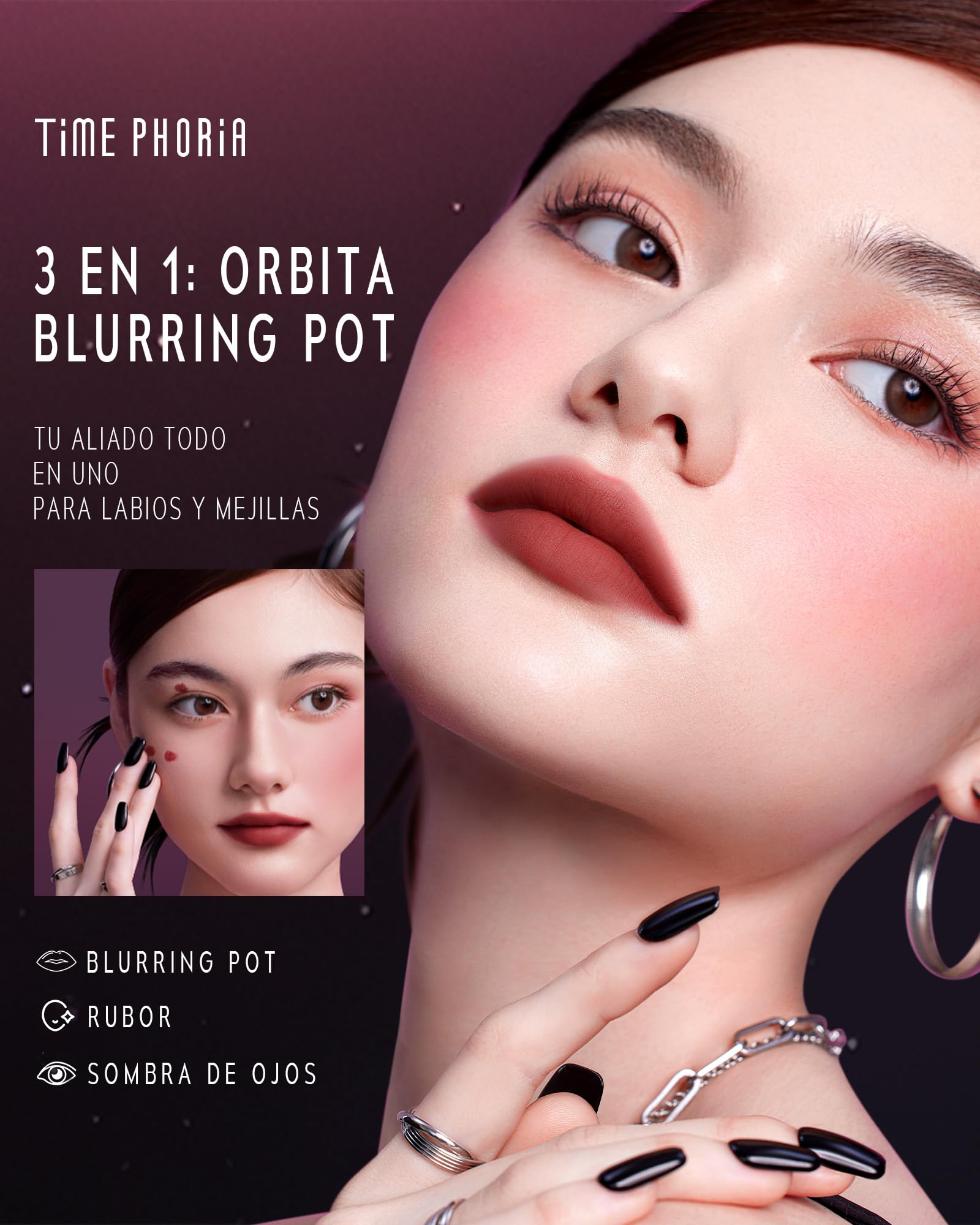 TIMEPHORIA Tinta para Labios y Mejillas 3 en 1, Labial de Lodo Velvet Mate Difuminado, Rubor en Crema de Larga Duración con Aplicador de Silicón, Maquillaje Multiusos para Rostro y Ojos 009 Cosmic