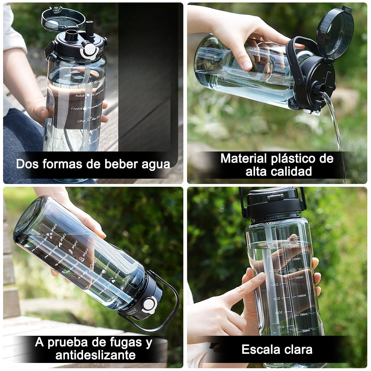 Botella de Agua Deportiva 2L con Pajita Sin BPA Antifugas