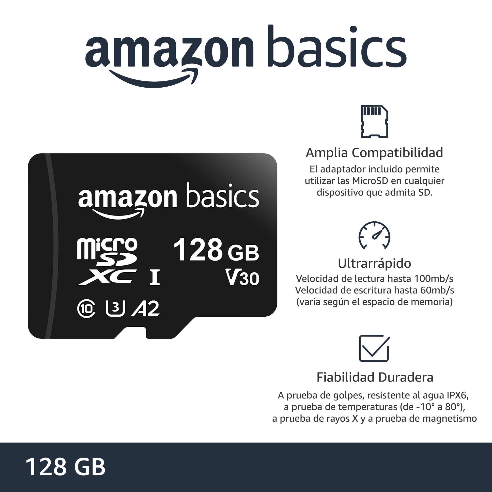 Amazon Basics Tarjeta de Memoria microSDXC con Adaptador de tamaño Completo, A2, U3, Velocidad de Lectura de hasta 100 MB/s, 128 GB, Negra